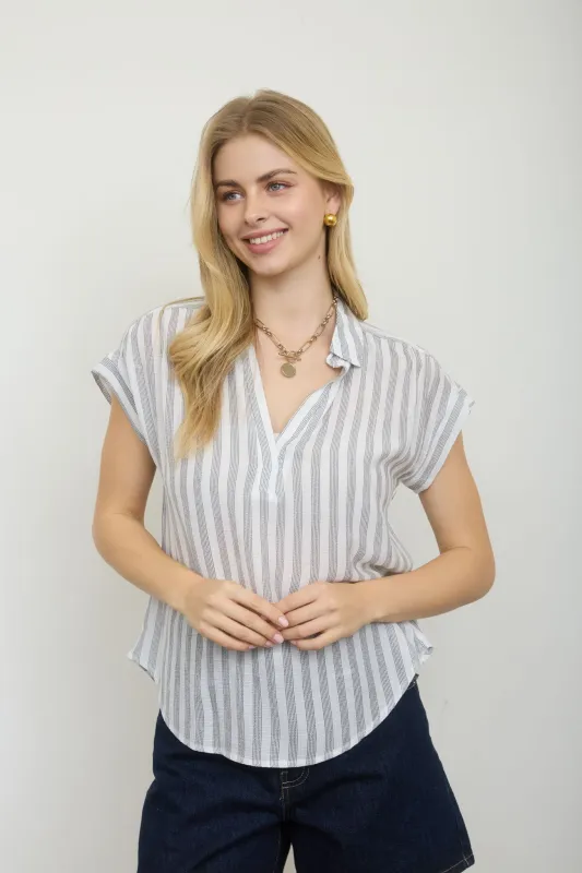 STRIPE COLLARED V NECK SHORT SLEEVE SHIRT sold by Blu Pepper