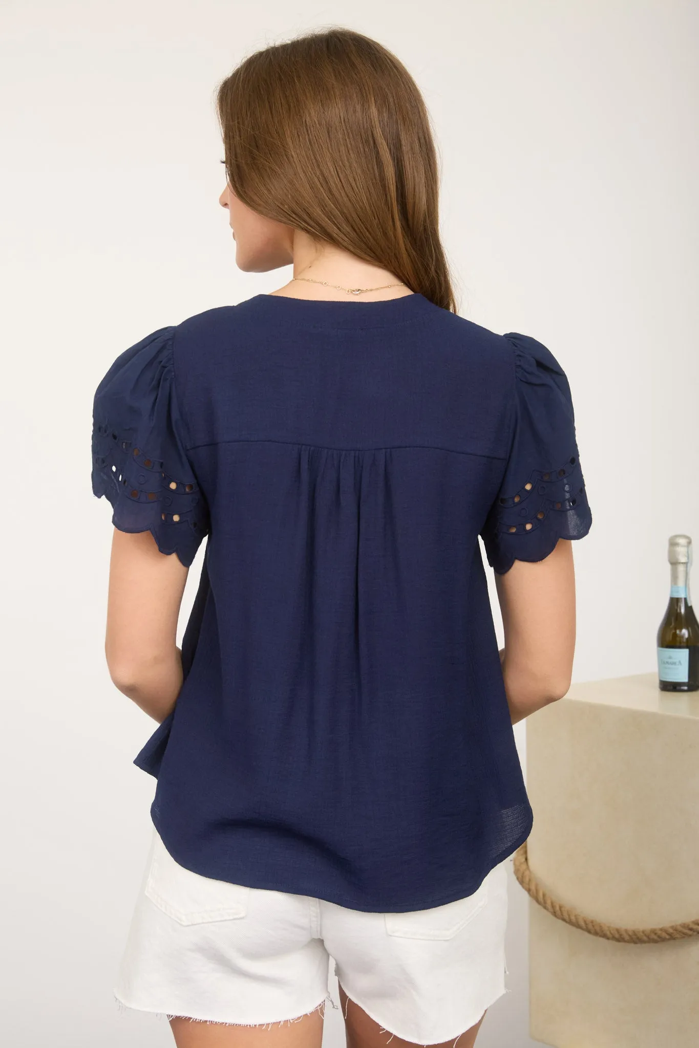 EYELET DETAIL BUTTON DOWN SCALLOP SLEEVE TOP sold by Blu Pepper product image thumbnail 2