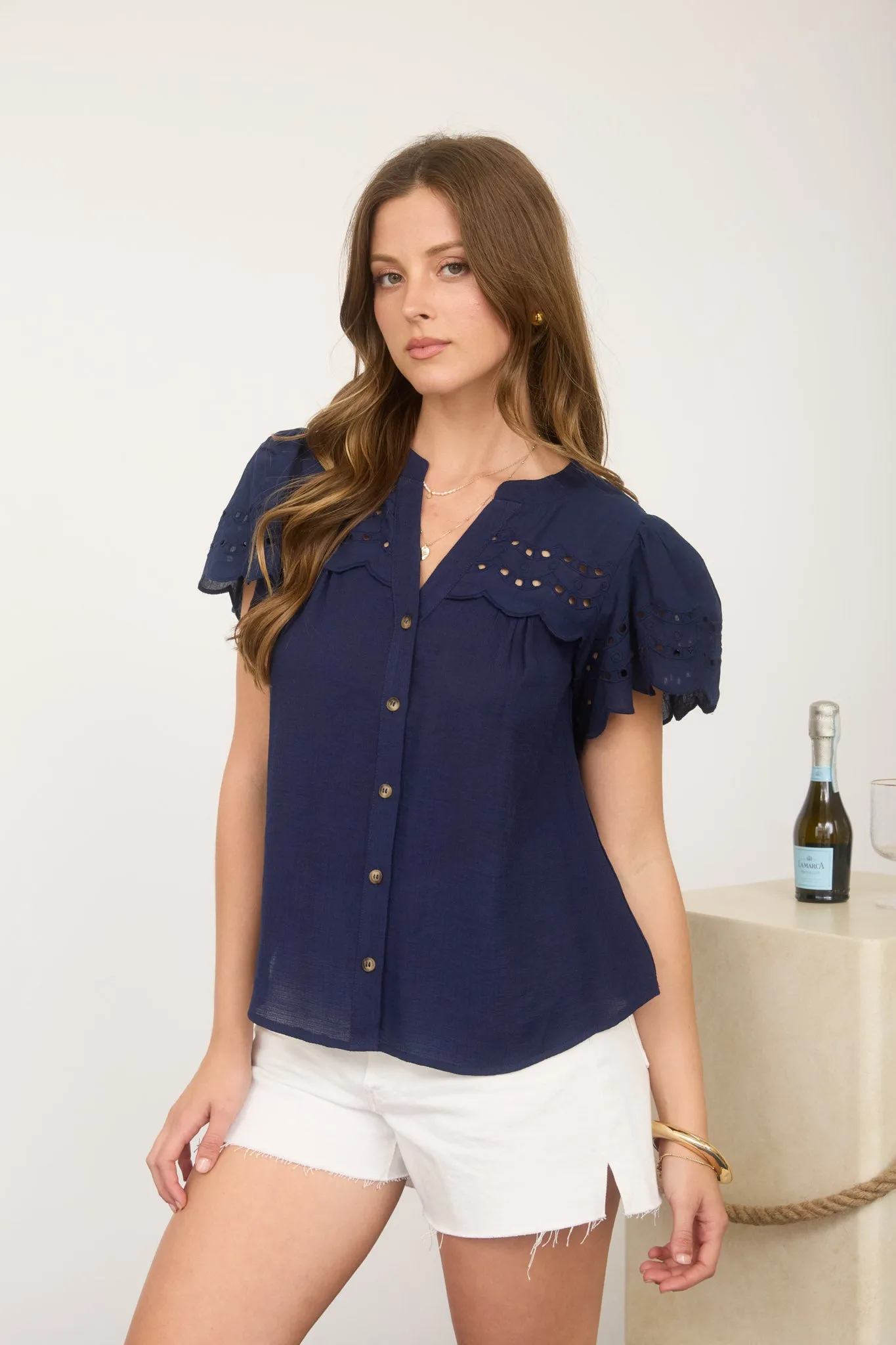 EYELET DETAIL BUTTON DOWN SCALLOP SLEEVE TOP sold by Blu Pepper product image thumbnail 3
