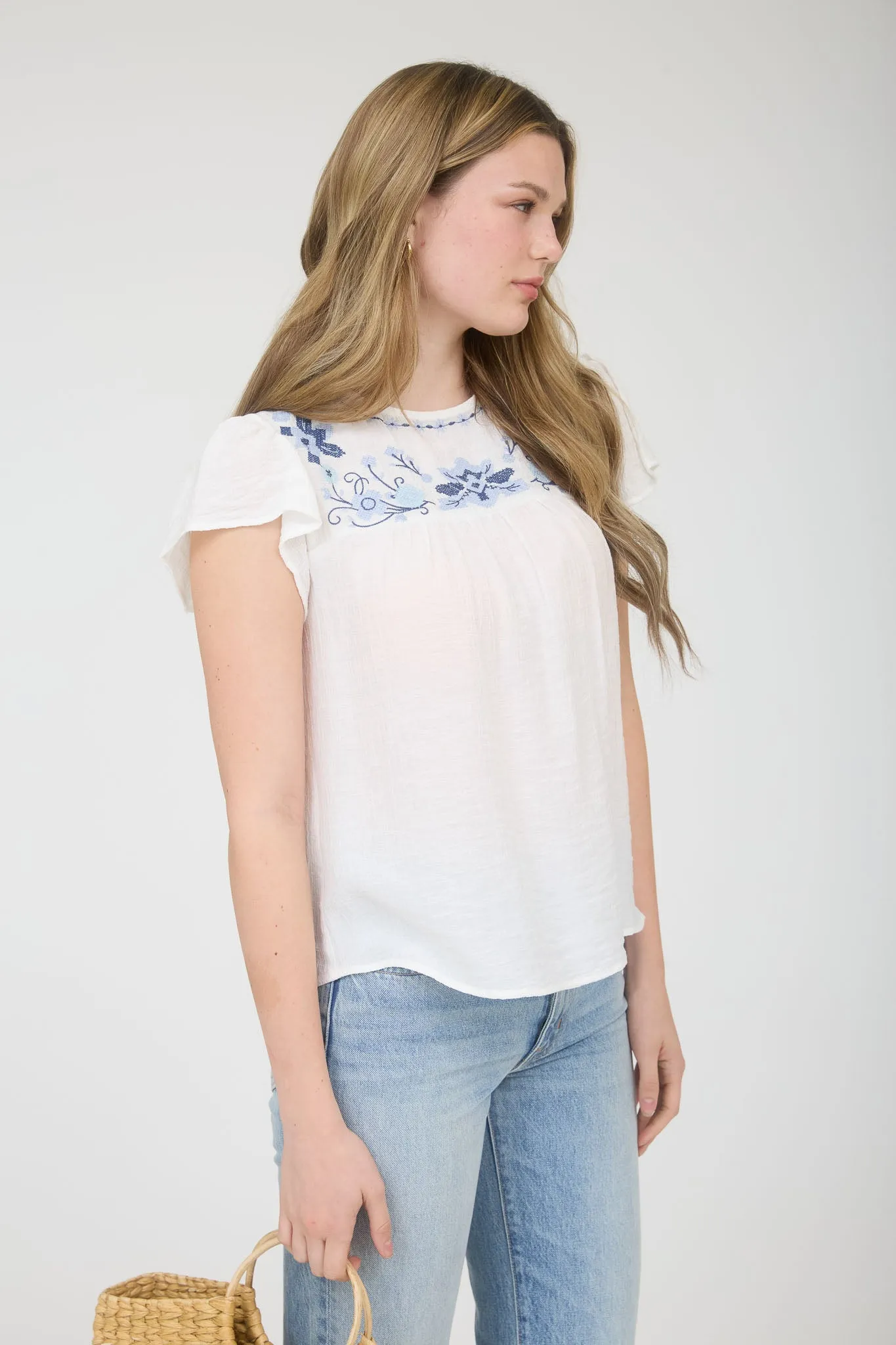 FLORAL EMBROIDERY YOKE DETAIL FLOUNCE SLEEVE TOP sold by Blu Pepper product image thumbnail 5