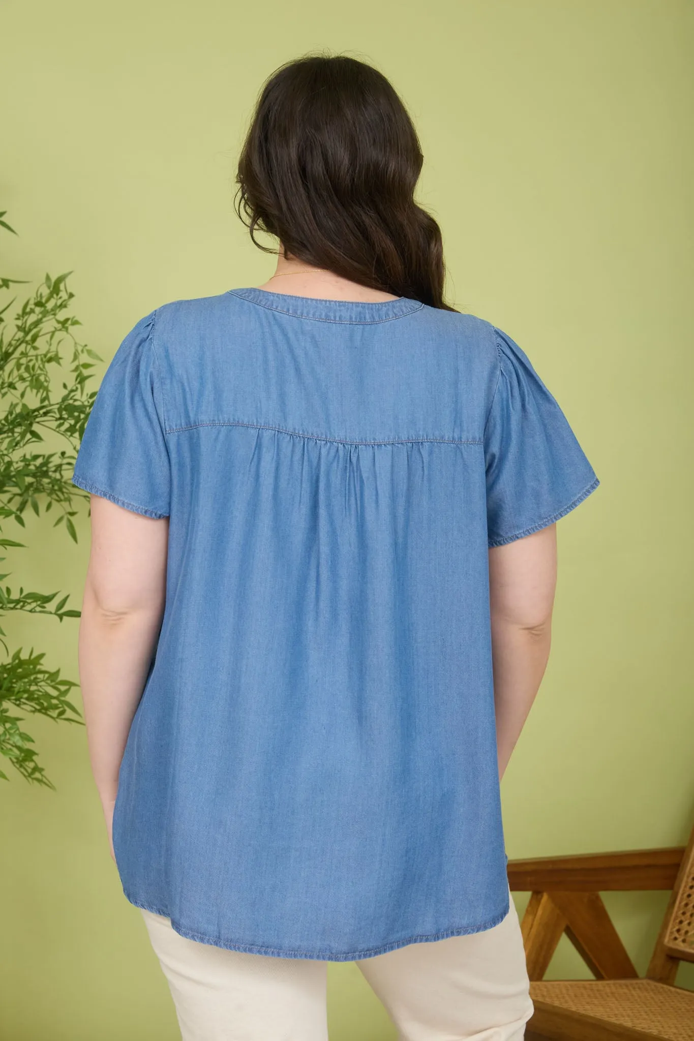 PLUS CHAMBRAY HALF BUTTON SHORT SLEEVE TOP sold by Blu Pepper product image thumbnail 3