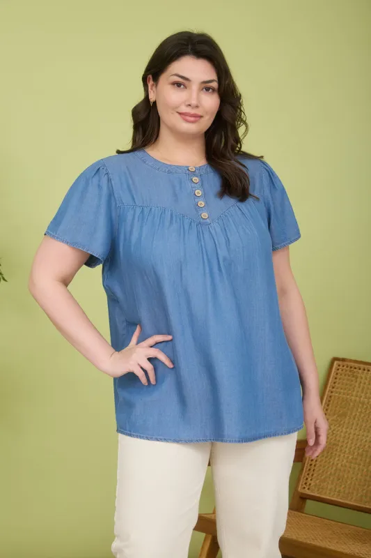 PLUS CHAMBRAY HALF BUTTON SHORT SLEEVE TOP sold by Blu Pepper