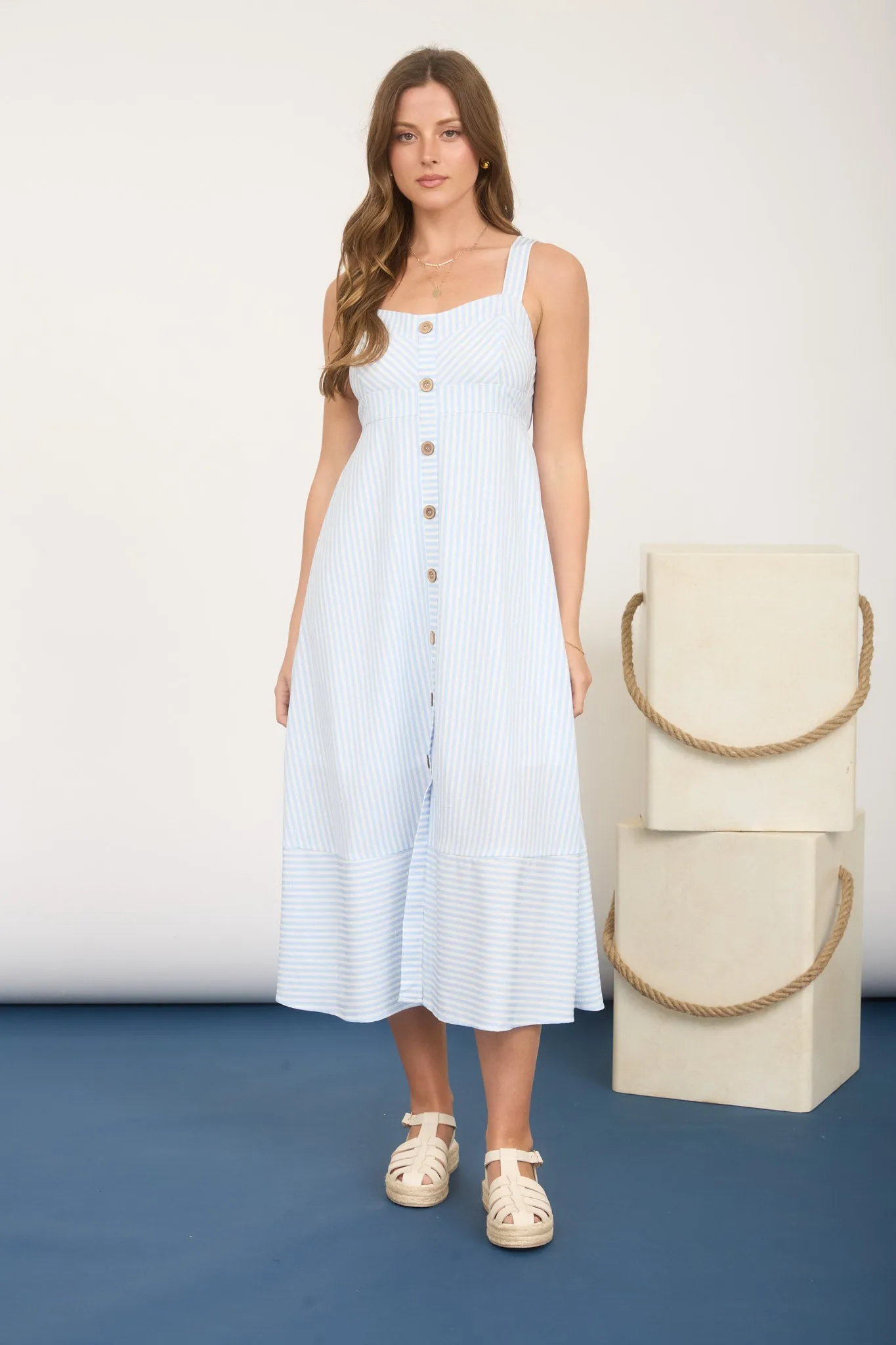 STRIPE SWEETHEART BUTTON DOWN SLEEVELESS MIDI DRESS (PRE-ORDER) sold by Blu Pepper product image thumbnail 5