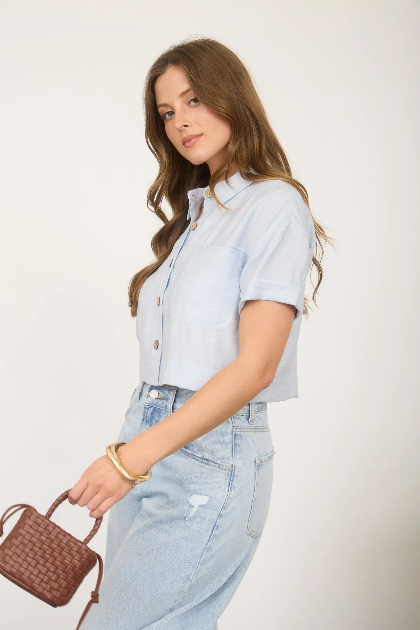 COLLARED BUTTON DOWN CUFF SLEEVE CROP TOP sold by Blu Pepper product image thumbnail 3