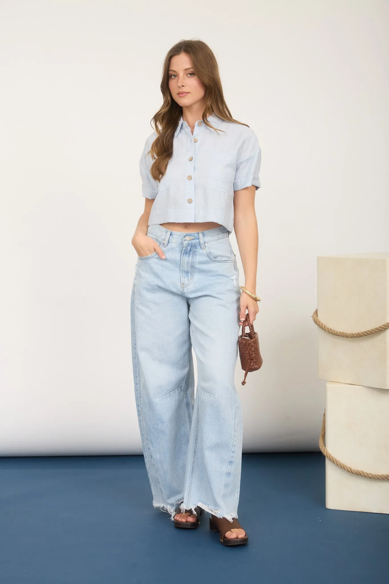 COLLARED BUTTON DOWN CUFF SLEEVE CROP TOP sold by Blu Pepper product image thumbnail 4