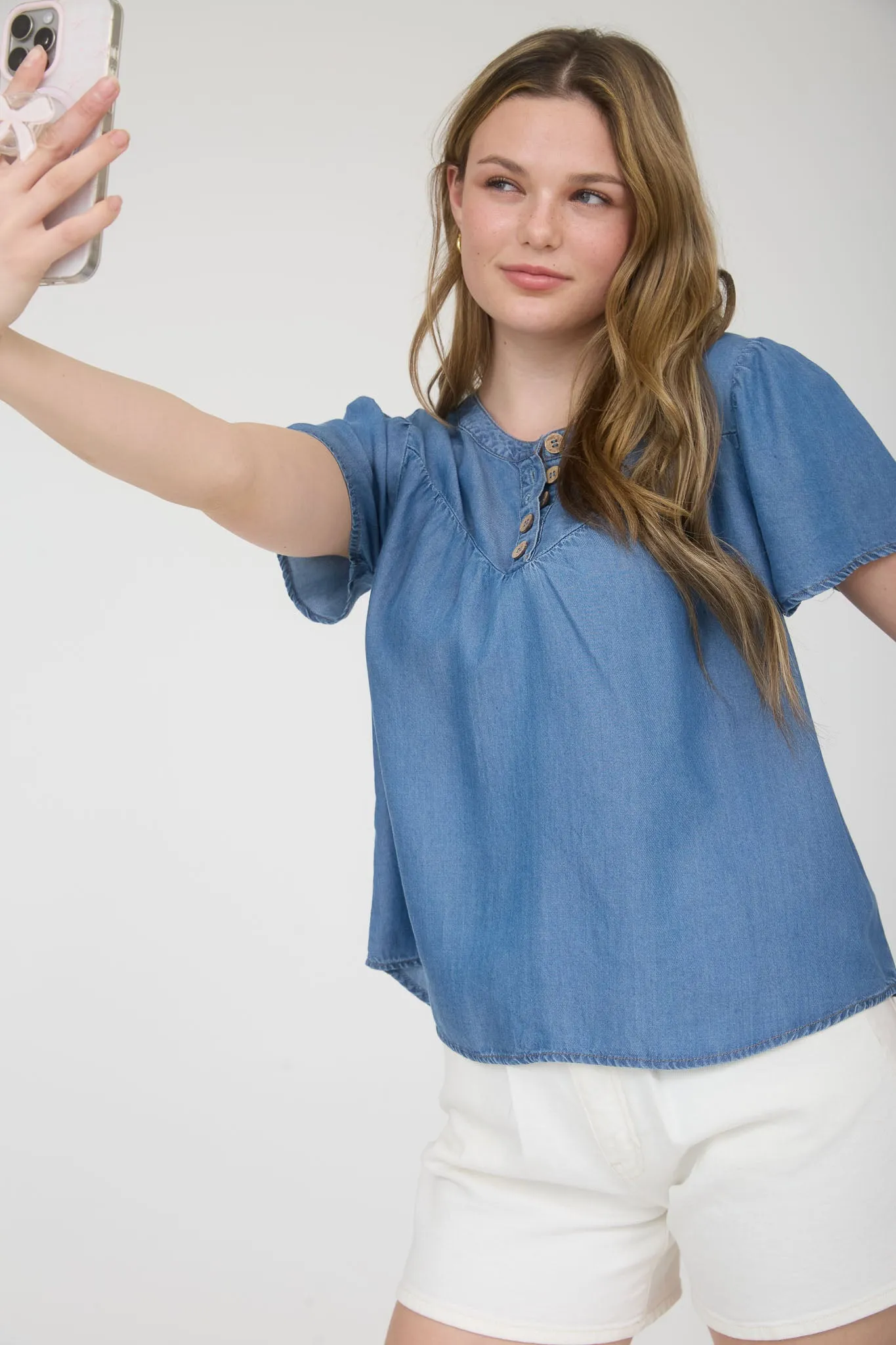 CHAMBRAY HALF BUTTON YOKE DETAIL SHORT SLEEVE TOP sold by Blu Pepper product image thumbnail 4