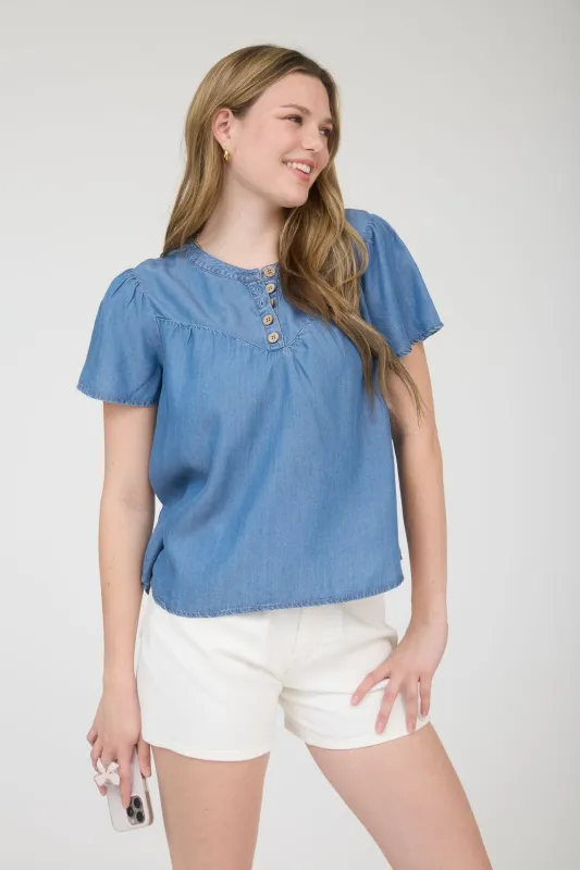 CHAMBRAY HALF BUTTON YOKE DETAIL SHORT SLEEVE TOP sold by Blu Pepper