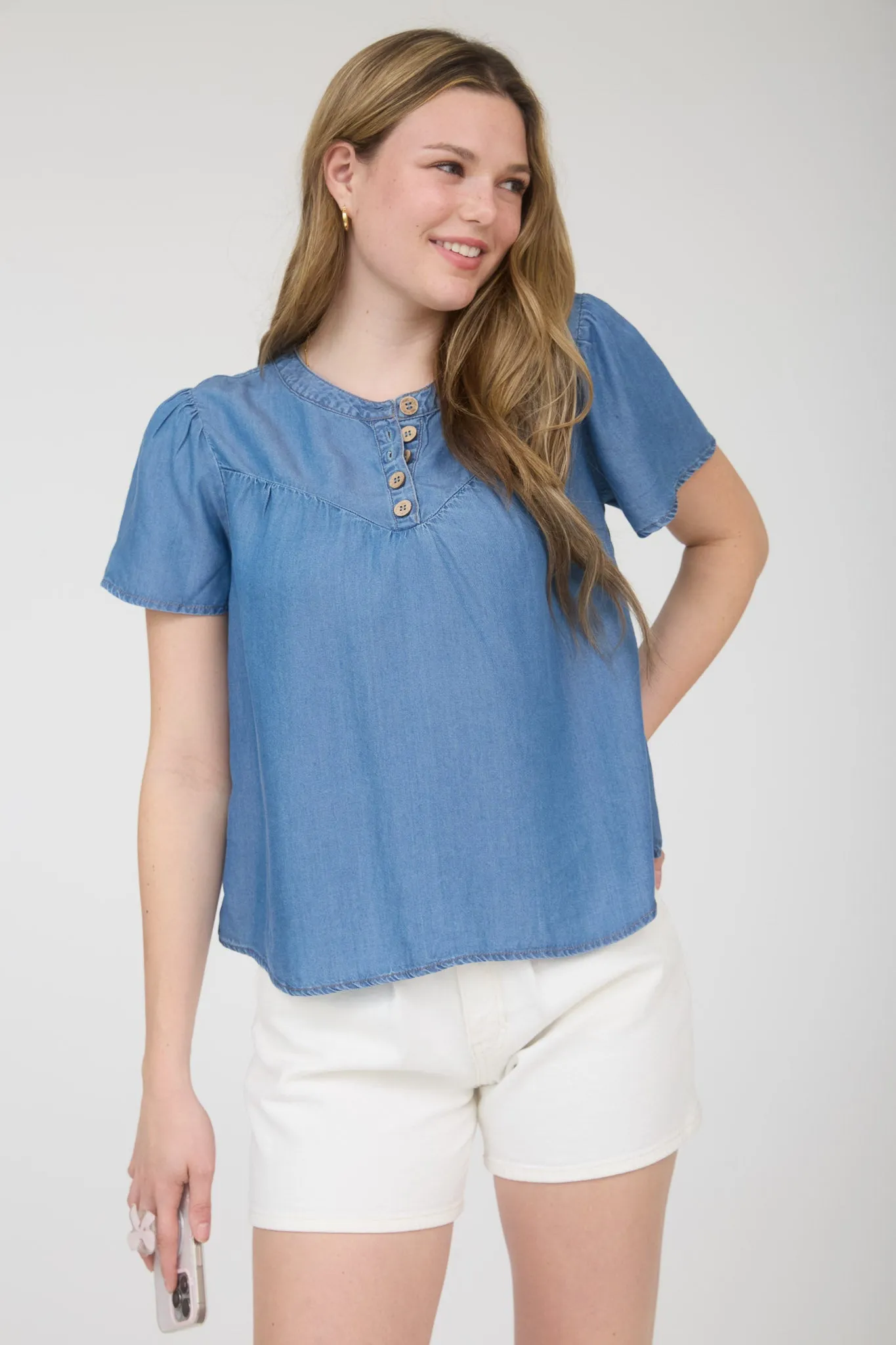CHAMBRAY HALF BUTTON YOKE DETAIL SHORT SLEEVE TOP sold by Blu Pepper product image thumbnail 3