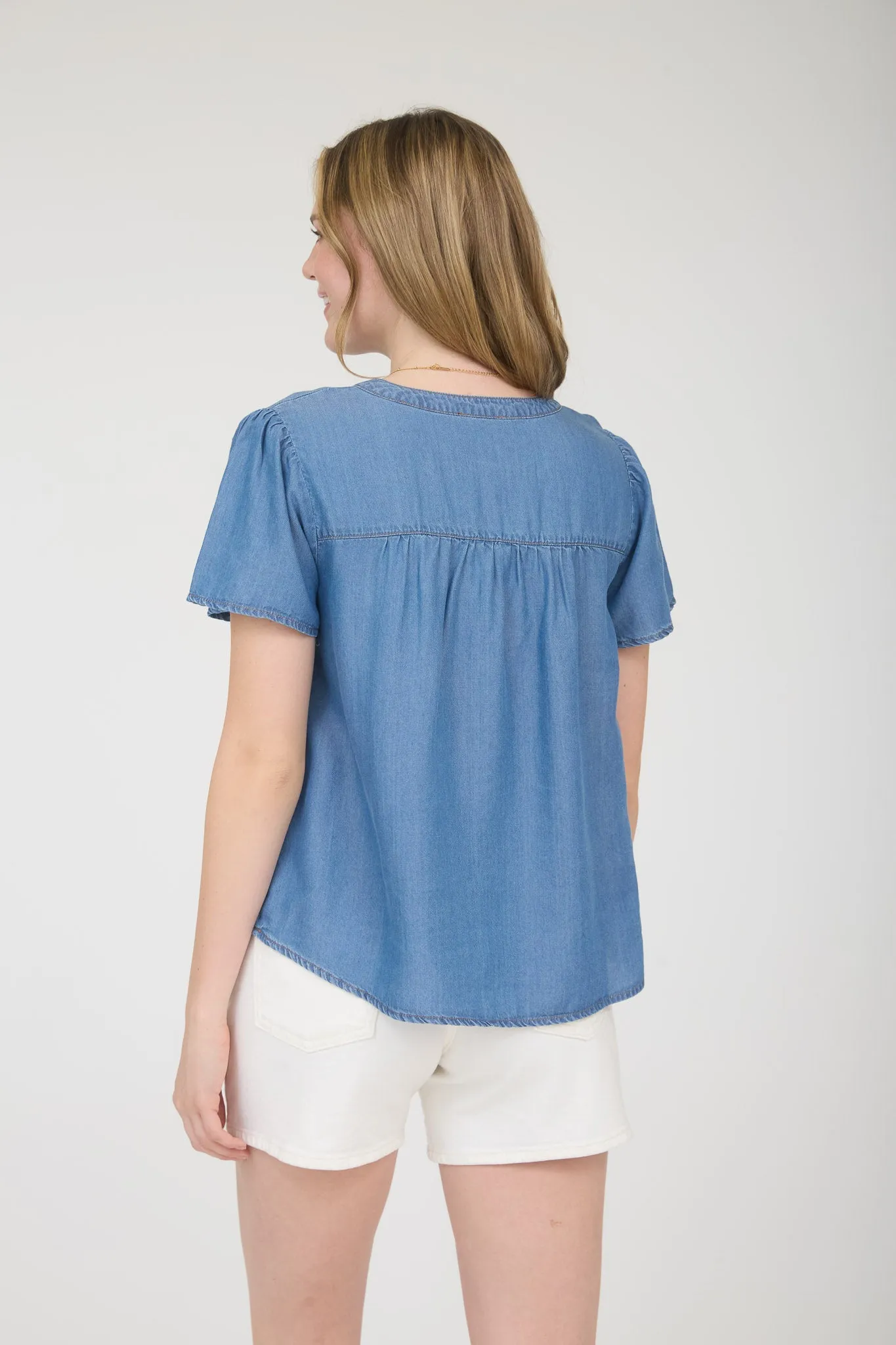 CHAMBRAY HALF BUTTON YOKE DETAIL SHORT SLEEVE TOP sold by Blu Pepper product image thumbnail 2