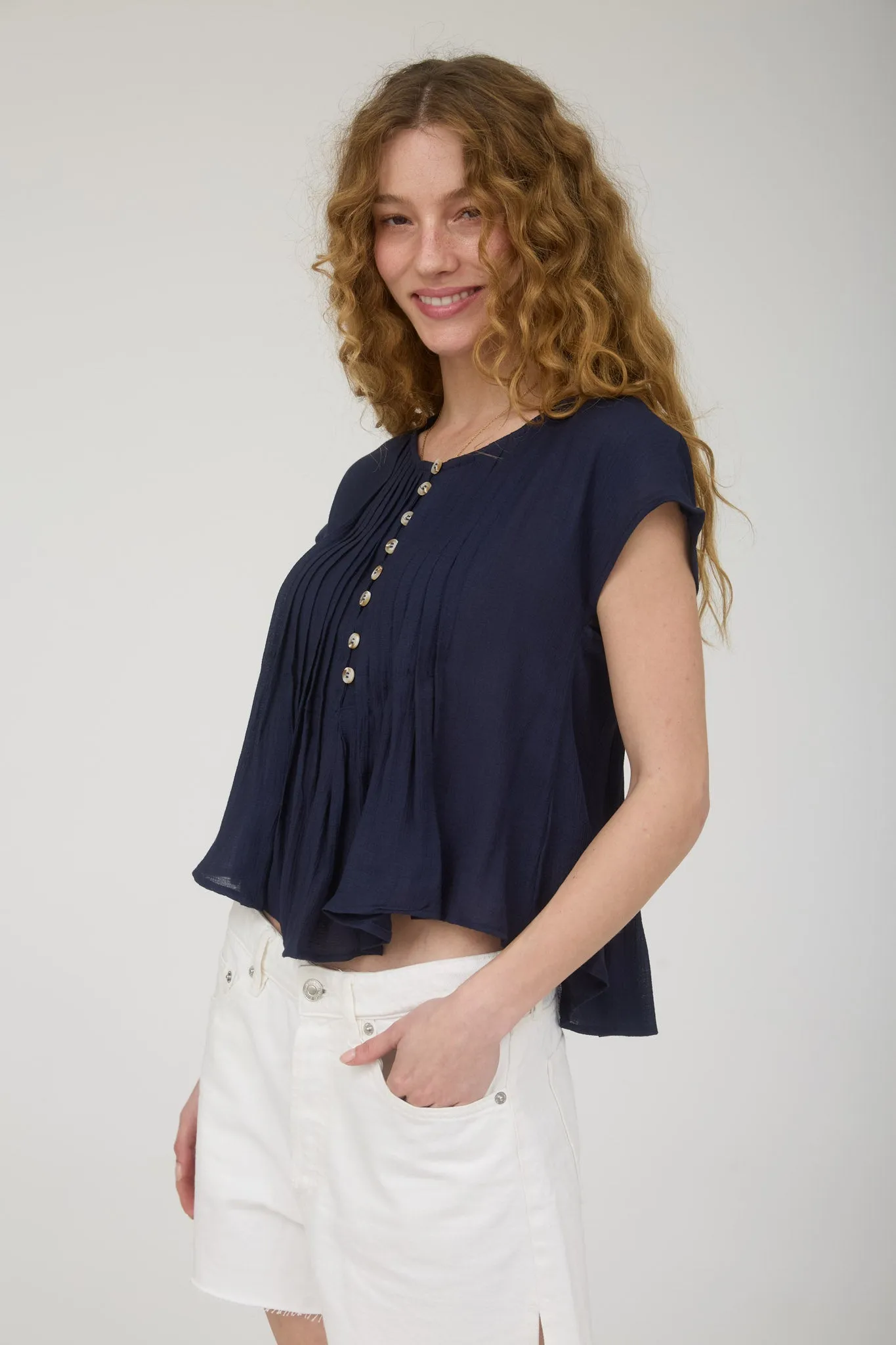 HALF BUTTON PINTUCK DETAIL DROP SHOULDER TOP sold by Blu Pepper product image thumbnail 3