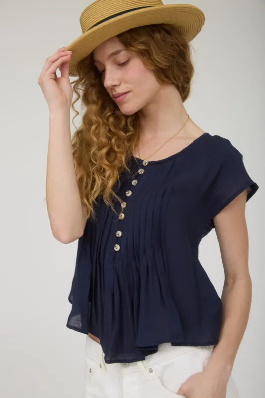 HALF BUTTON PINTUCK DETAIL DROP SHOULDER TOP sold by Blu Pepper