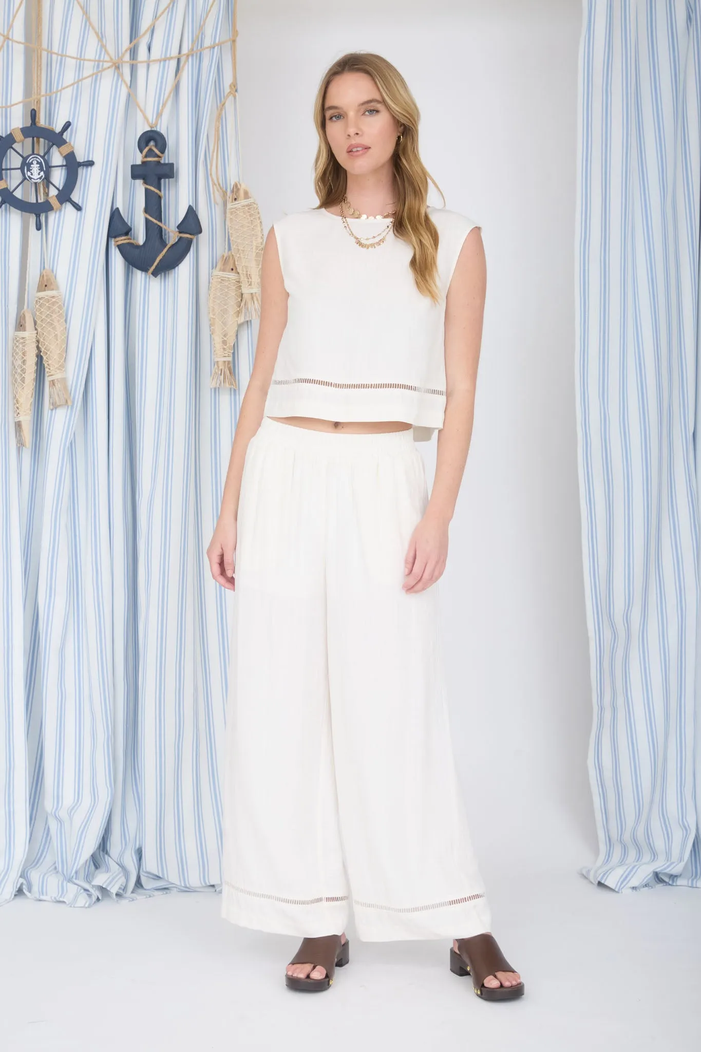 SLEEVELESS LADDER LACE TRIM LINEN CROP TOP sold by Blu Pepper