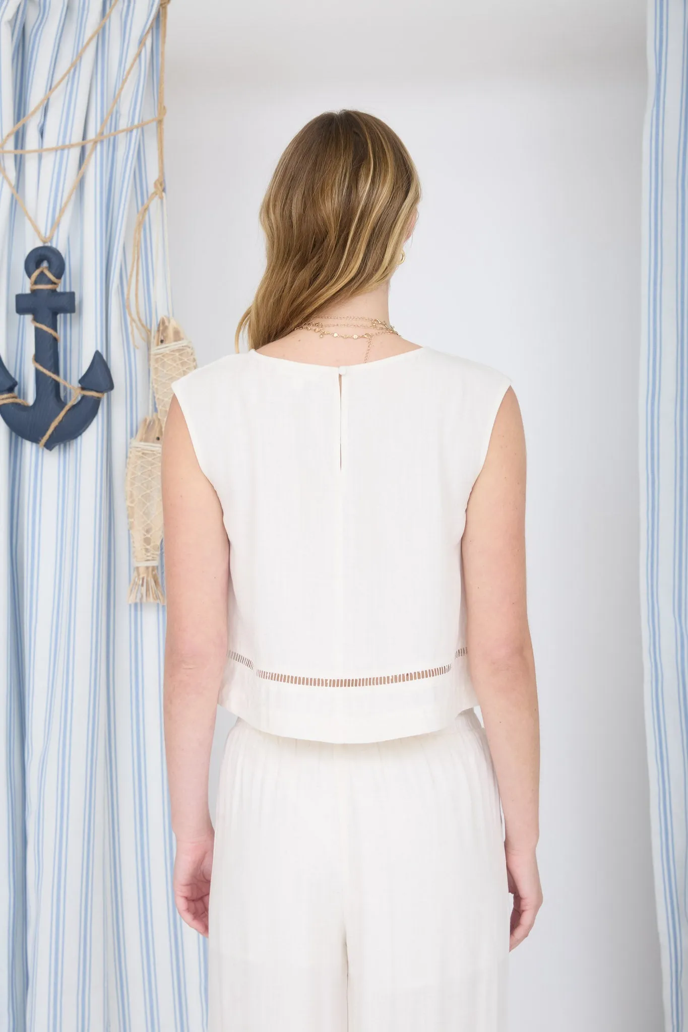 SLEEVELESS LADDER LACE TRIM LINEN CROP TOP sold by Blu Pepper product image thumbnail 2