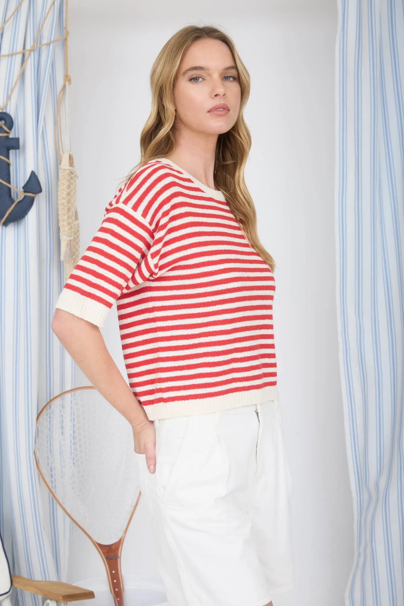 STRIPE CONTRAST TRIM SHORT SLEEVE KNIT SWEATER sold by Blu Pepper product image thumbnail 3