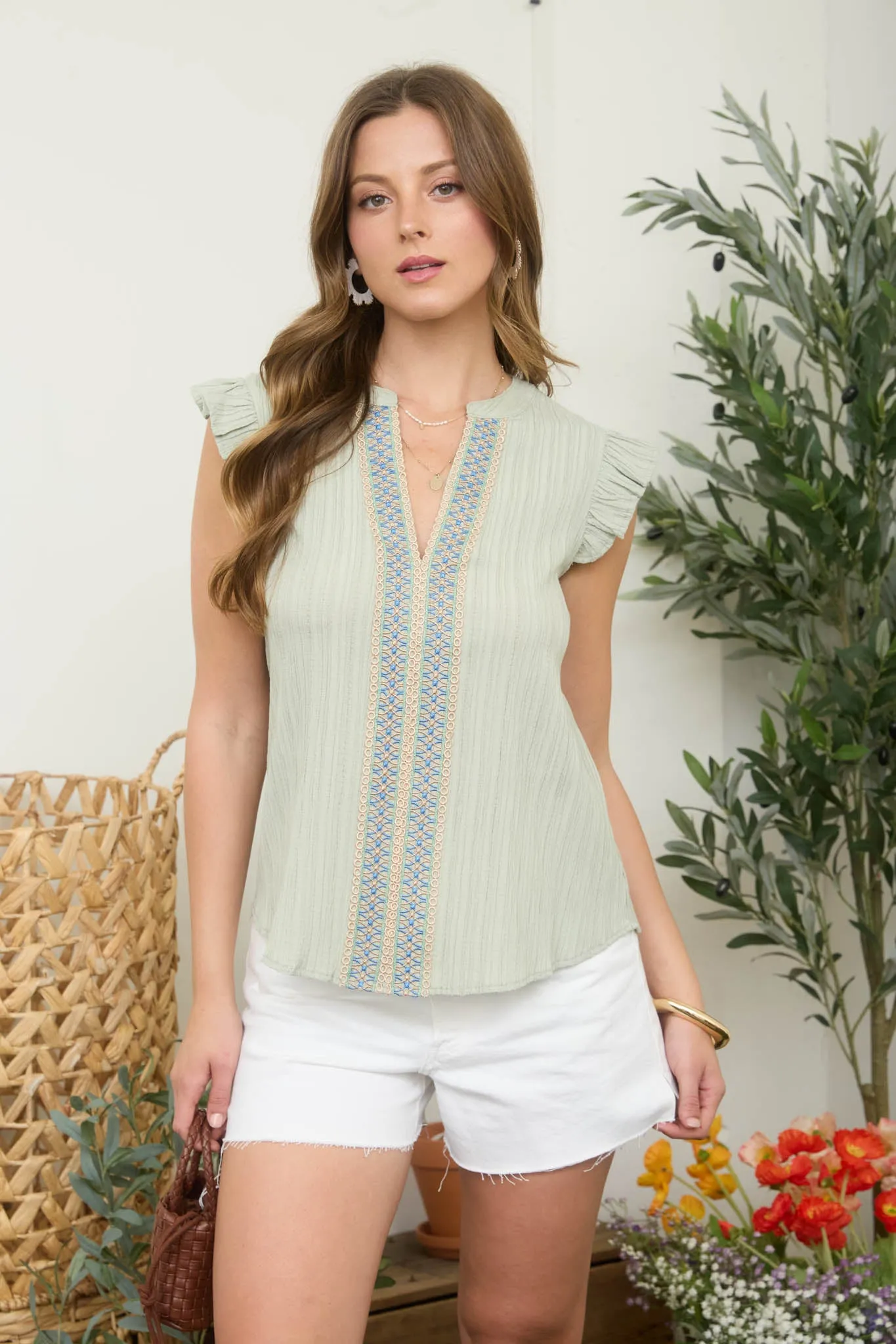 EMBROIDERED FRONT SPLIT NECK PLISSE TOP sold by Blu Pepper product image thumbnail 5