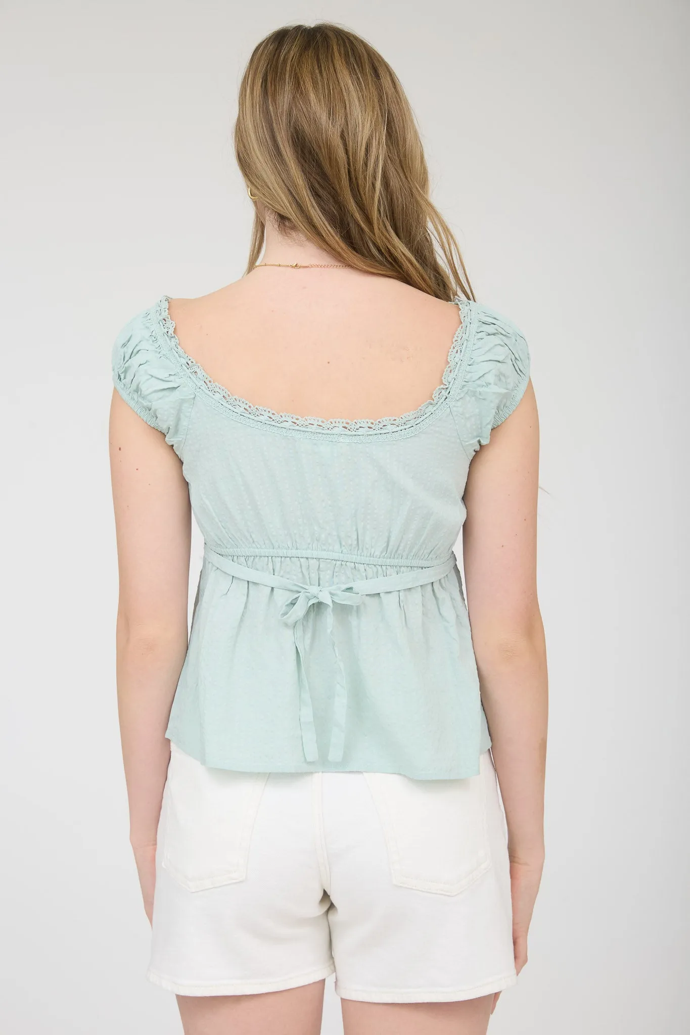 STRIPE LACE TRIM FRONT TIE SHORT SLEEVE TOP sold by Blu Pepper product image thumbnail 2