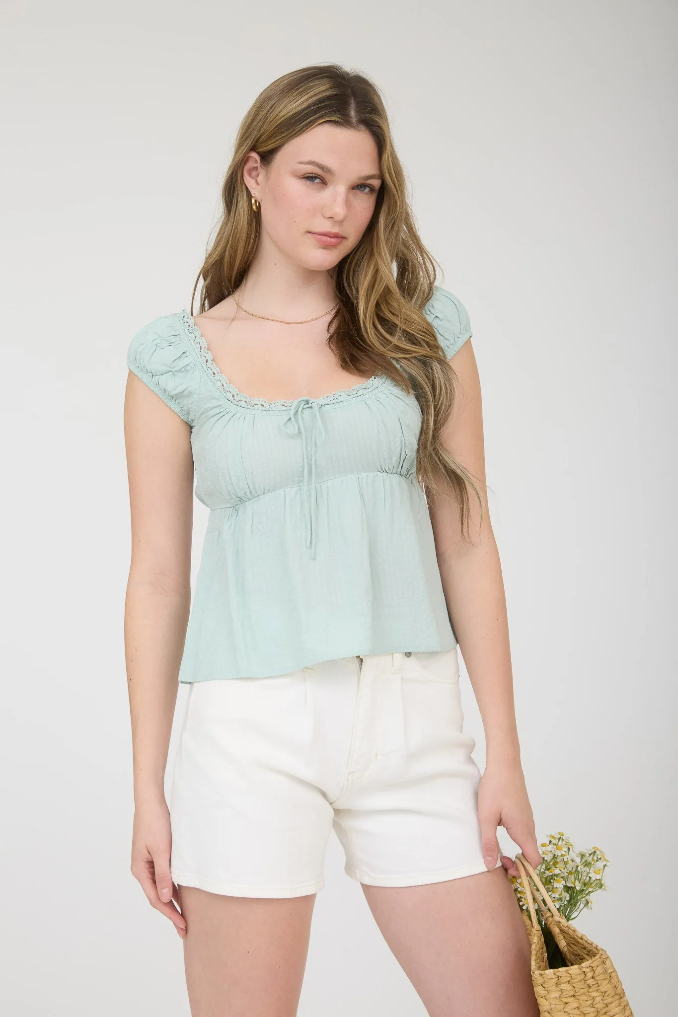 STRIPE LACE TRIM FRONT TIE SHORT SLEEVE TOP sold by Blu Pepper product image thumbnail 4