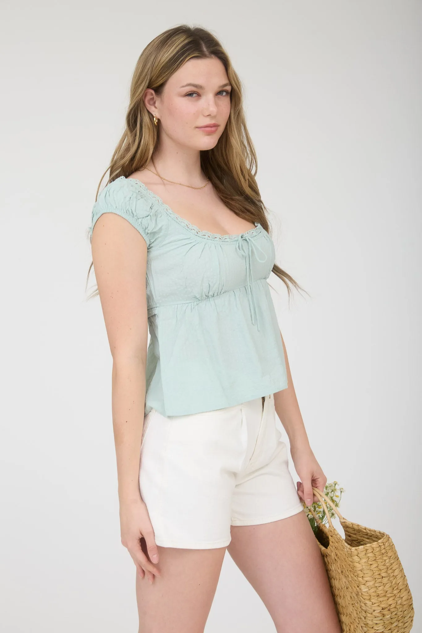 STRIPE LACE TRIM FRONT TIE SHORT SLEEVE TOP sold by Blu Pepper product image thumbnail 3