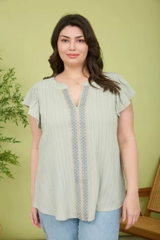 PLUS EMBROIDERED FRONT SPLIT NECK PLISSE TOP sold by Blu Pepper