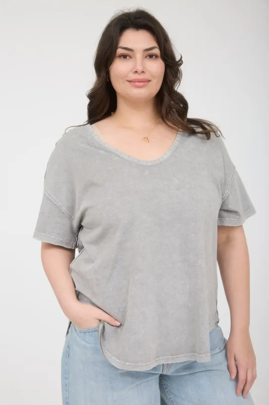 PLUS WASHED RAW EDGE SHORT SLEEVE KNIT TOP sold by Blu Pepper
