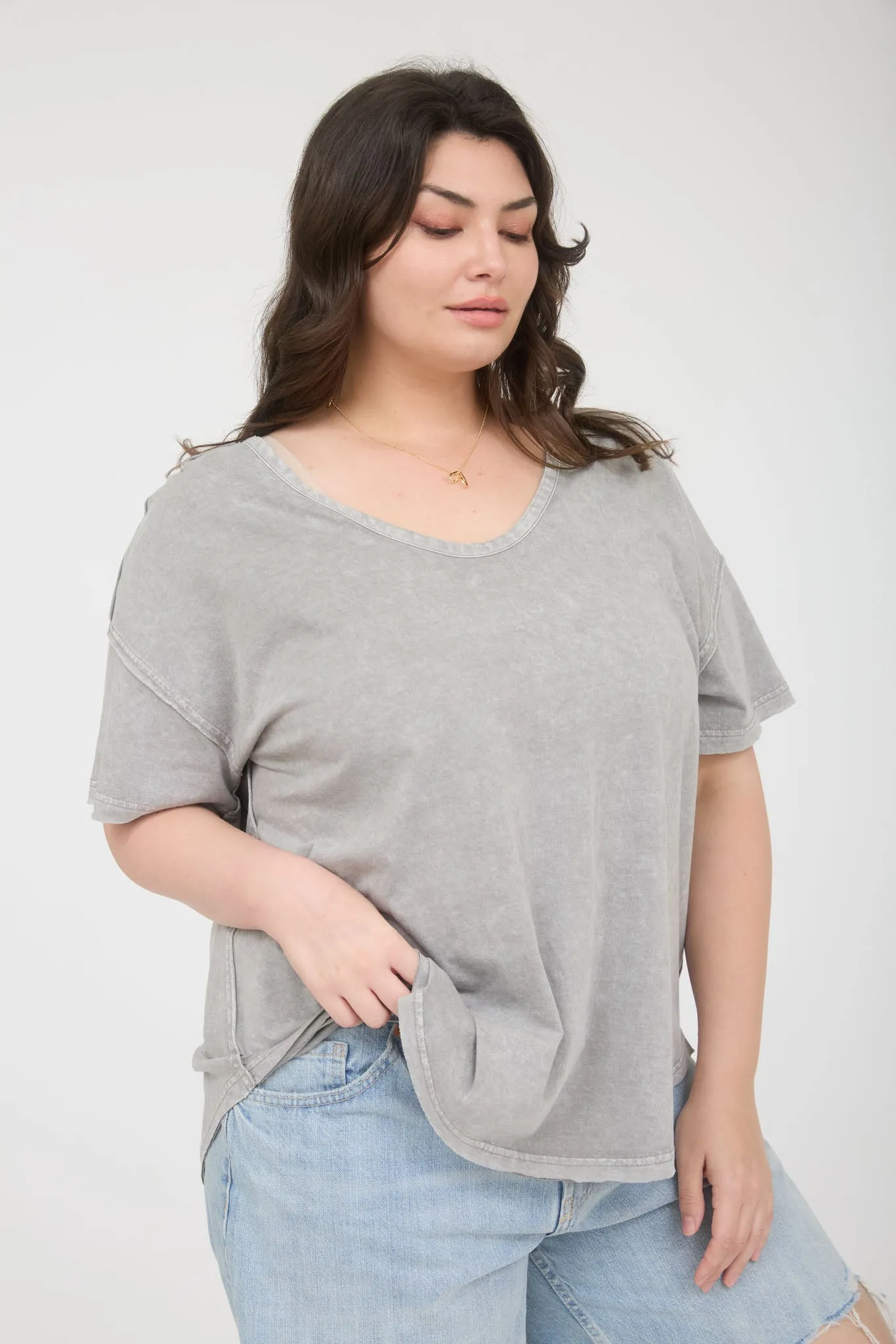 PLUS WASHED RAW EDGE SHORT SLEEVE KNIT TOP sold by Blu Pepper product image thumbnail 3