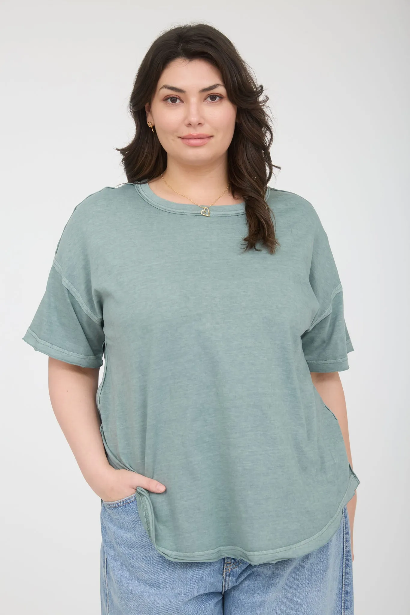 PLUS ROUND NECK SHORT SLEEVE EXPOSED SEAM KNIT TOP sold by Blu Pepper product image thumbnail 4