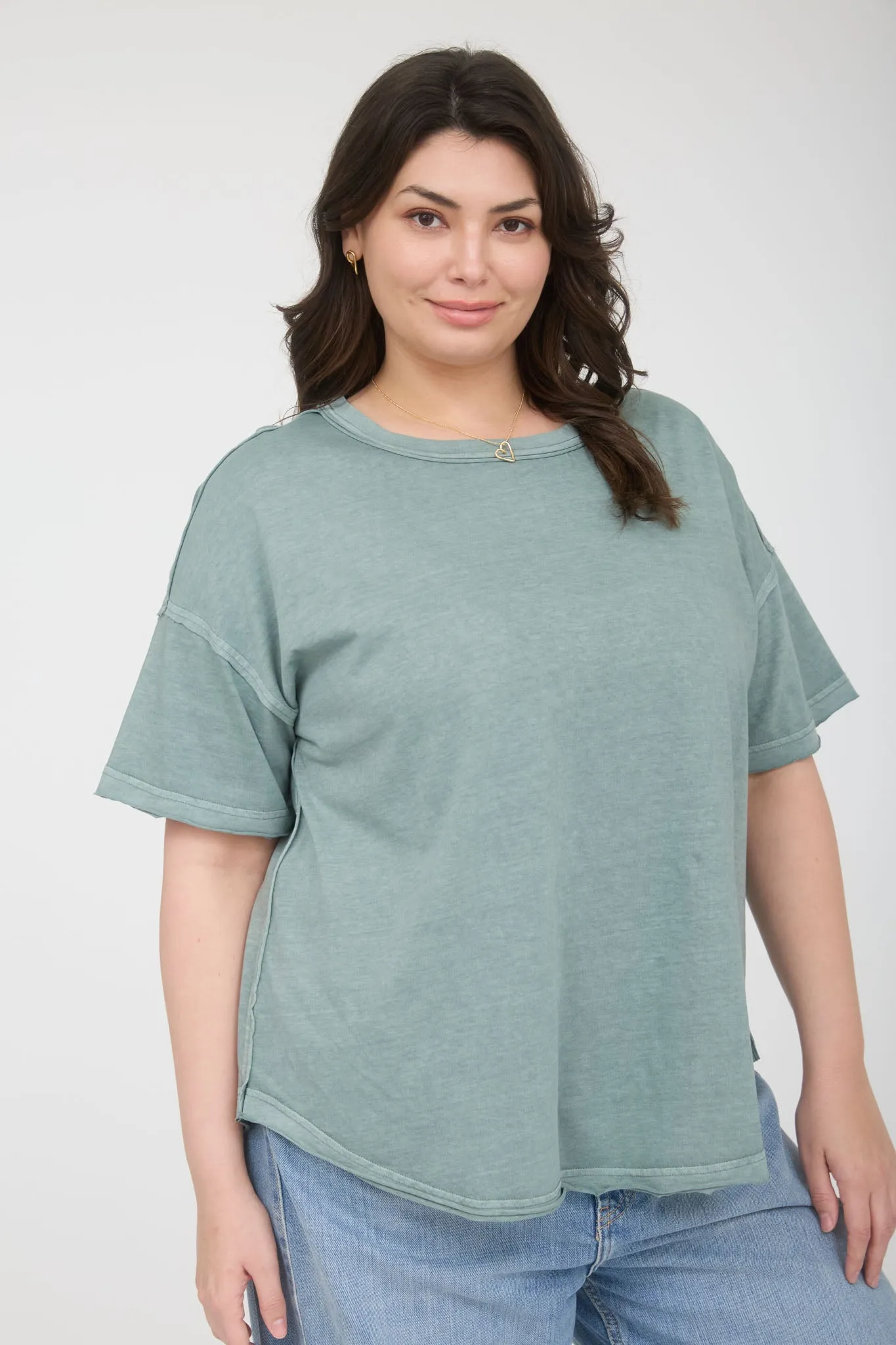 PLUS ROUND NECK SHORT SLEEVE EXPOSED SEAM KNIT TOP sold by Blu Pepper