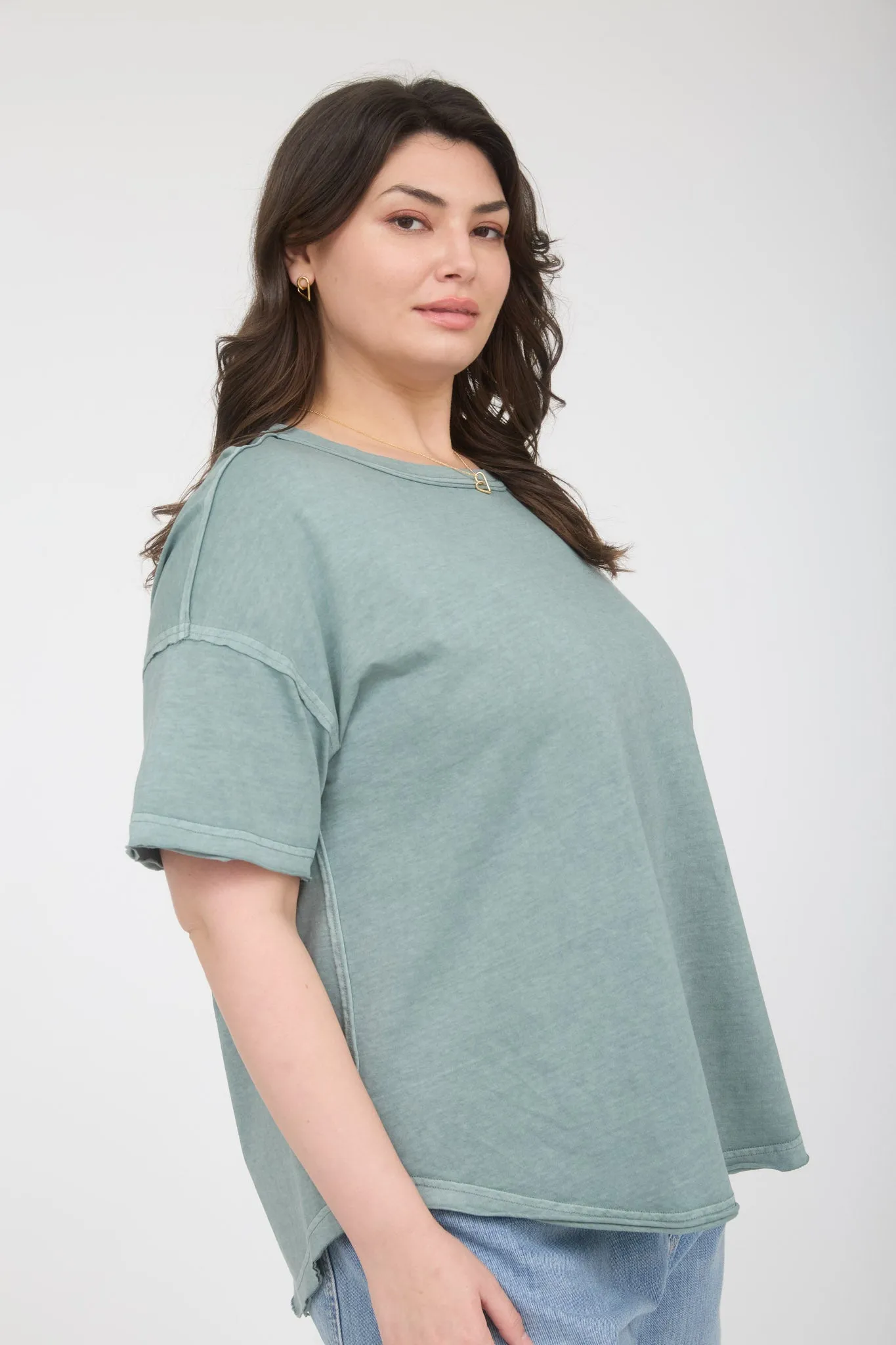 PLUS ROUND NECK SHORT SLEEVE EXPOSED SEAM KNIT TOP sold by Blu Pepper product image thumbnail 3