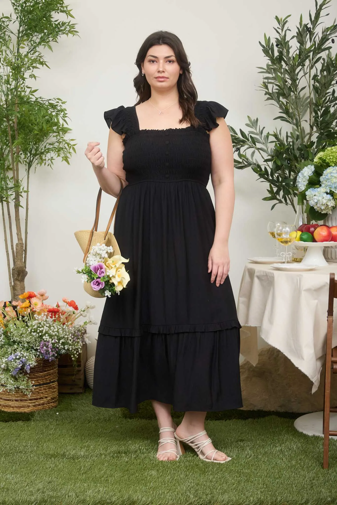 PLUS MOCK BUTTON SMOCKED RUFFLE DETAIL MIDI DRESS (PRE-ORDER) sold by Blu Pepper product image thumbnail 4