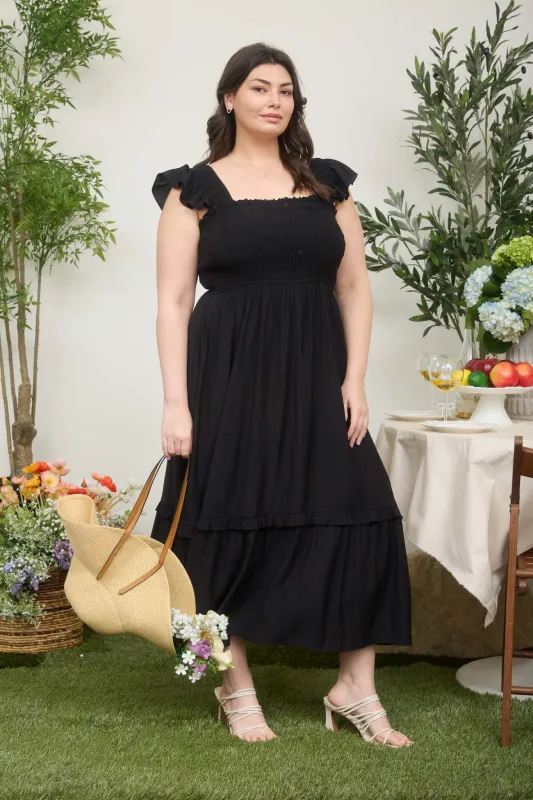 PLUS MOCK BUTTON SMOCKED RUFFLE DETAIL MIDI DRESS (PRE-ORDER) sold by Blu Pepper