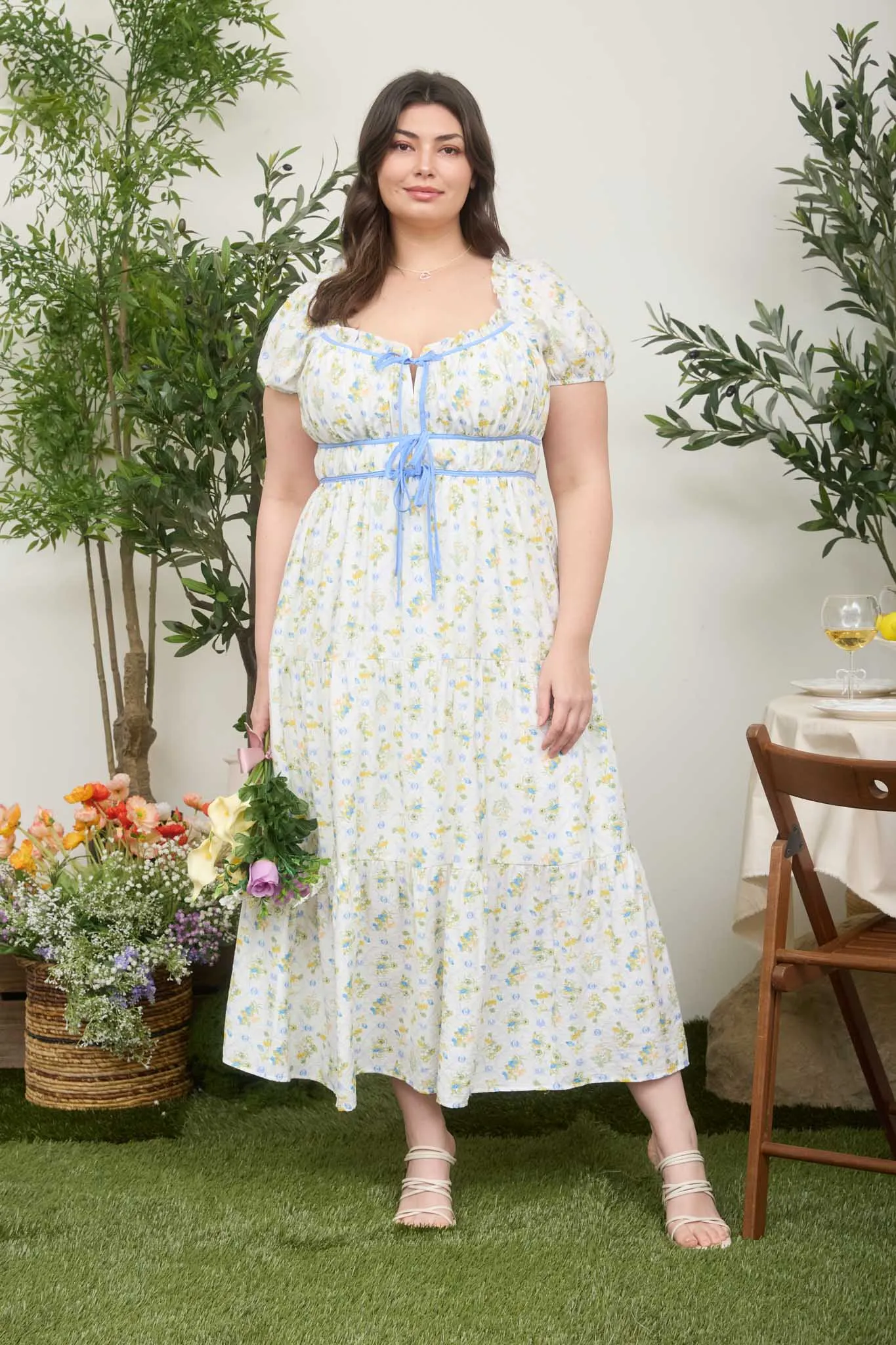 PLUS FLORAL TILE PRINT CONTRAST TIE MIDI DRESS (PRE-ORDER) sold by Blu Pepper product image thumbnail 4
