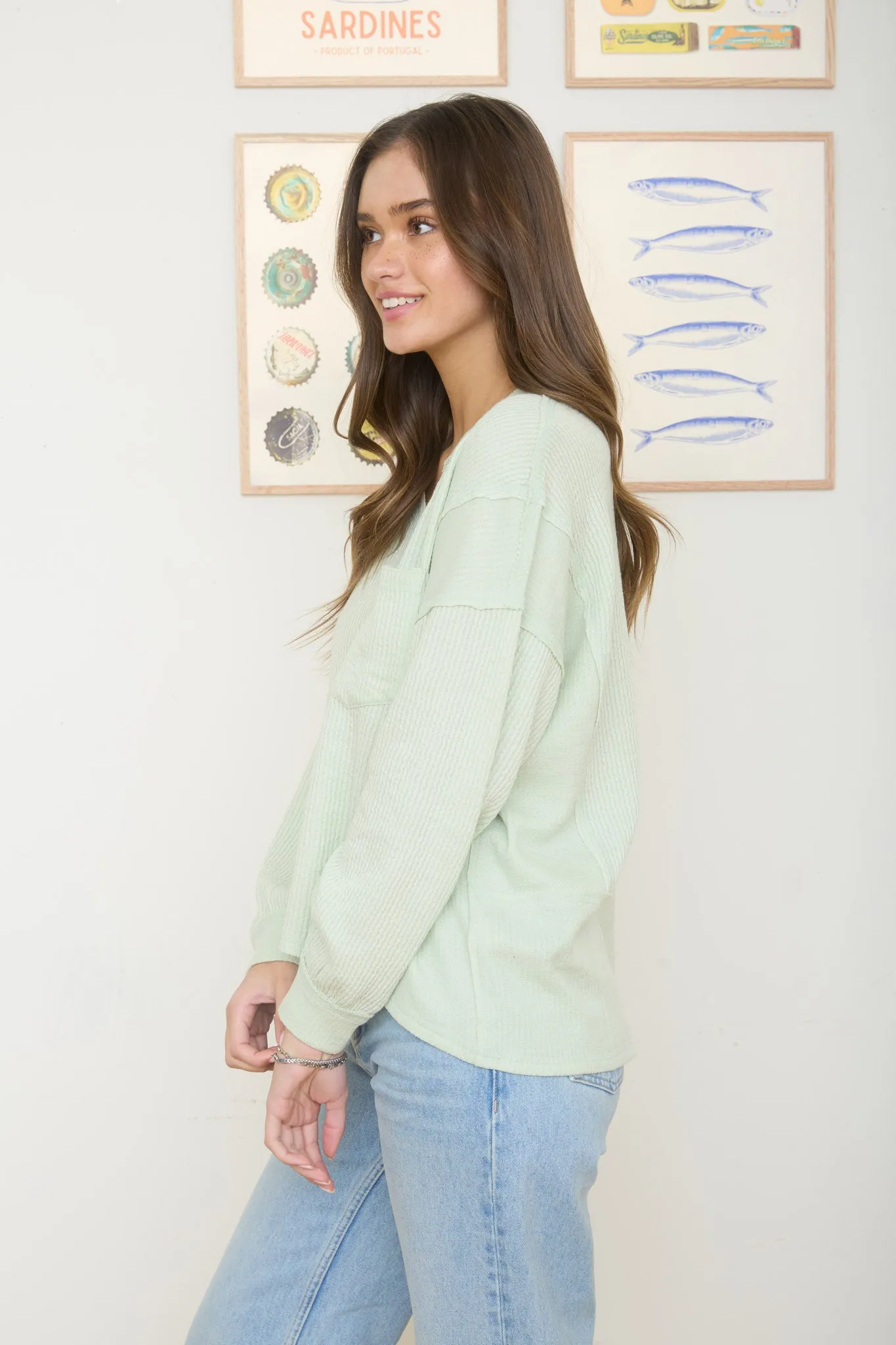 SPLIT NECK RAW EDGE LONG SLEEVE RIBBED KNIT TOP sold by Blu Pepper product image thumbnail 3