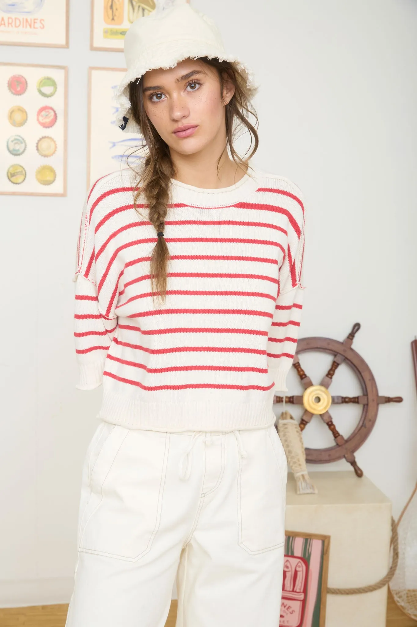 STRIPE RAW EDGE DROP SHOULDER SHORT SLEEVE SWEATER sold by Blu Pepper product image thumbnail 4