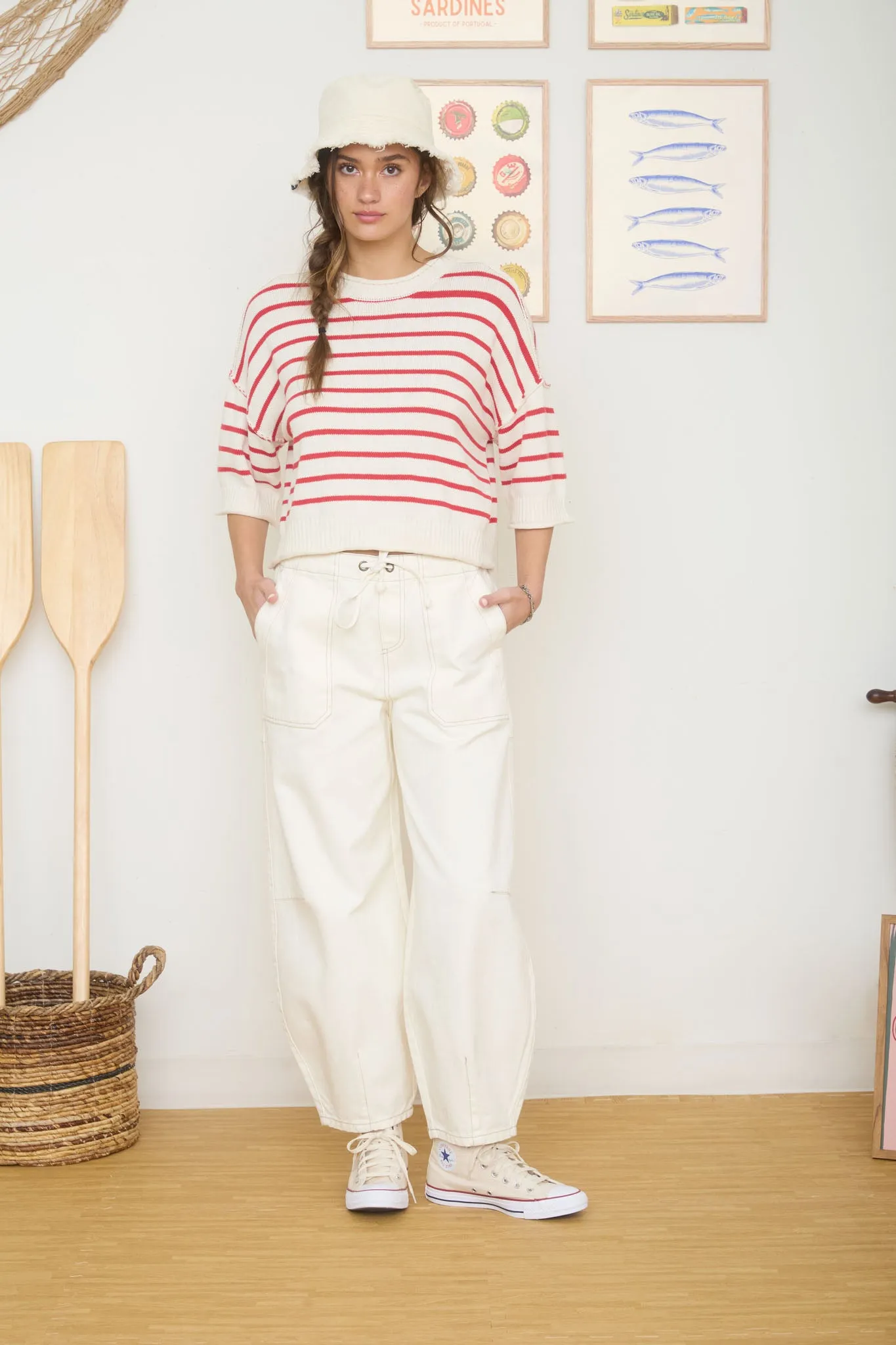 STRIPE RAW EDGE DROP SHOULDER SHORT SLEEVE SWEATER sold by Blu Pepper product image thumbnail 5