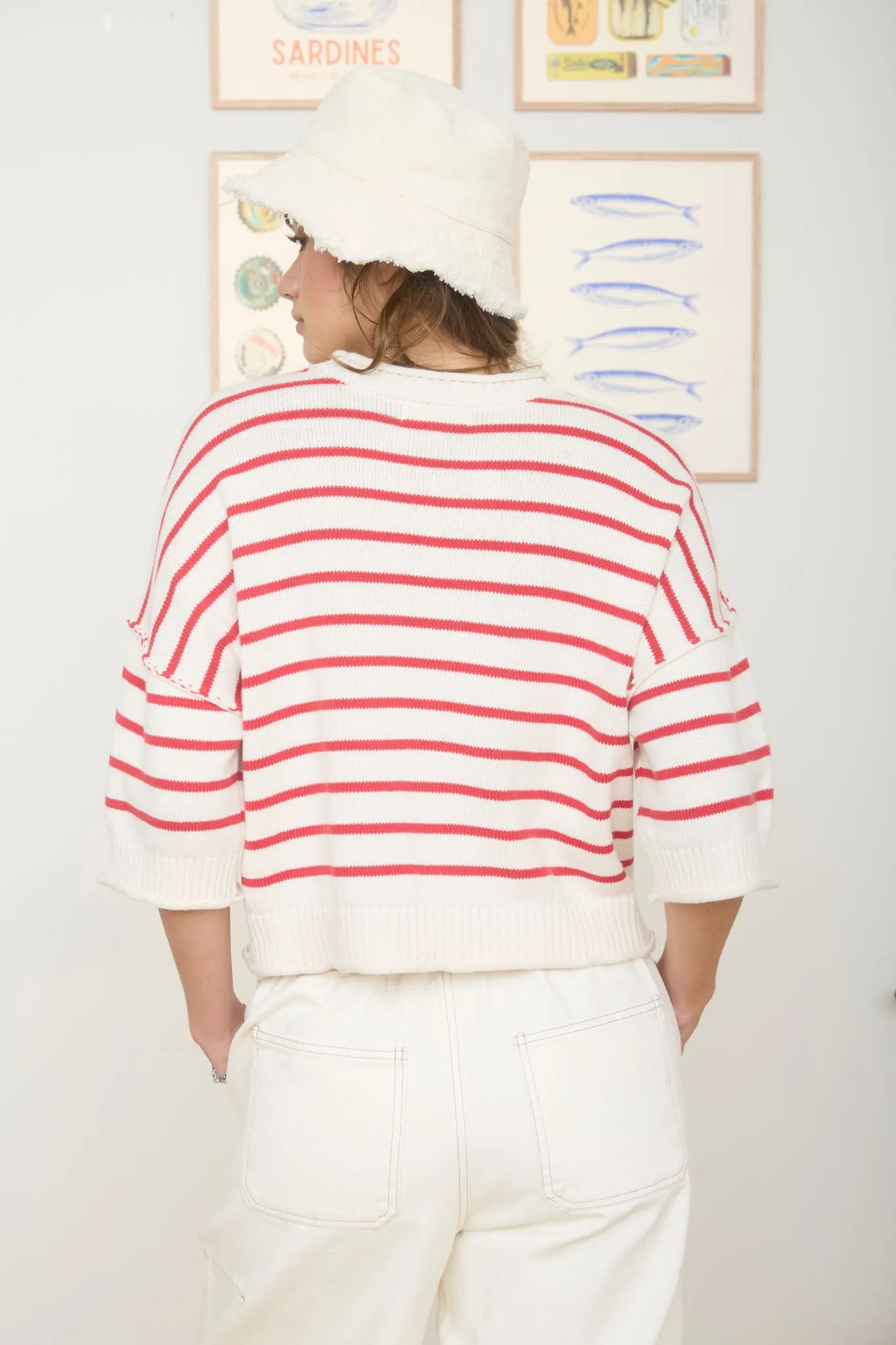 STRIPE RAW EDGE DROP SHOULDER SHORT SLEEVE SWEATER sold by Blu Pepper product image thumbnail 2