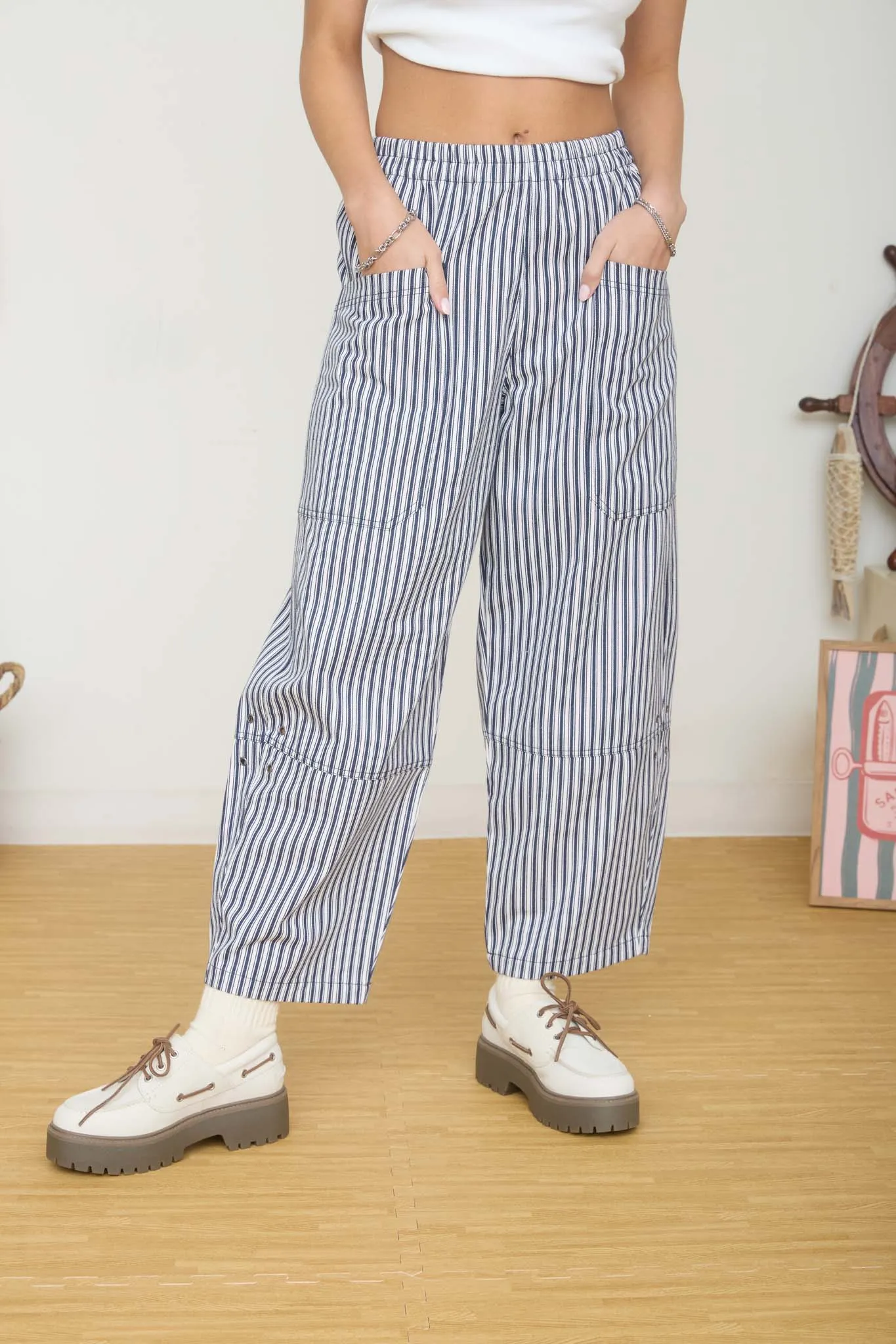 STRIPE POCKET DETAIL WIDE LEG PANTS sold by Blu Pepper