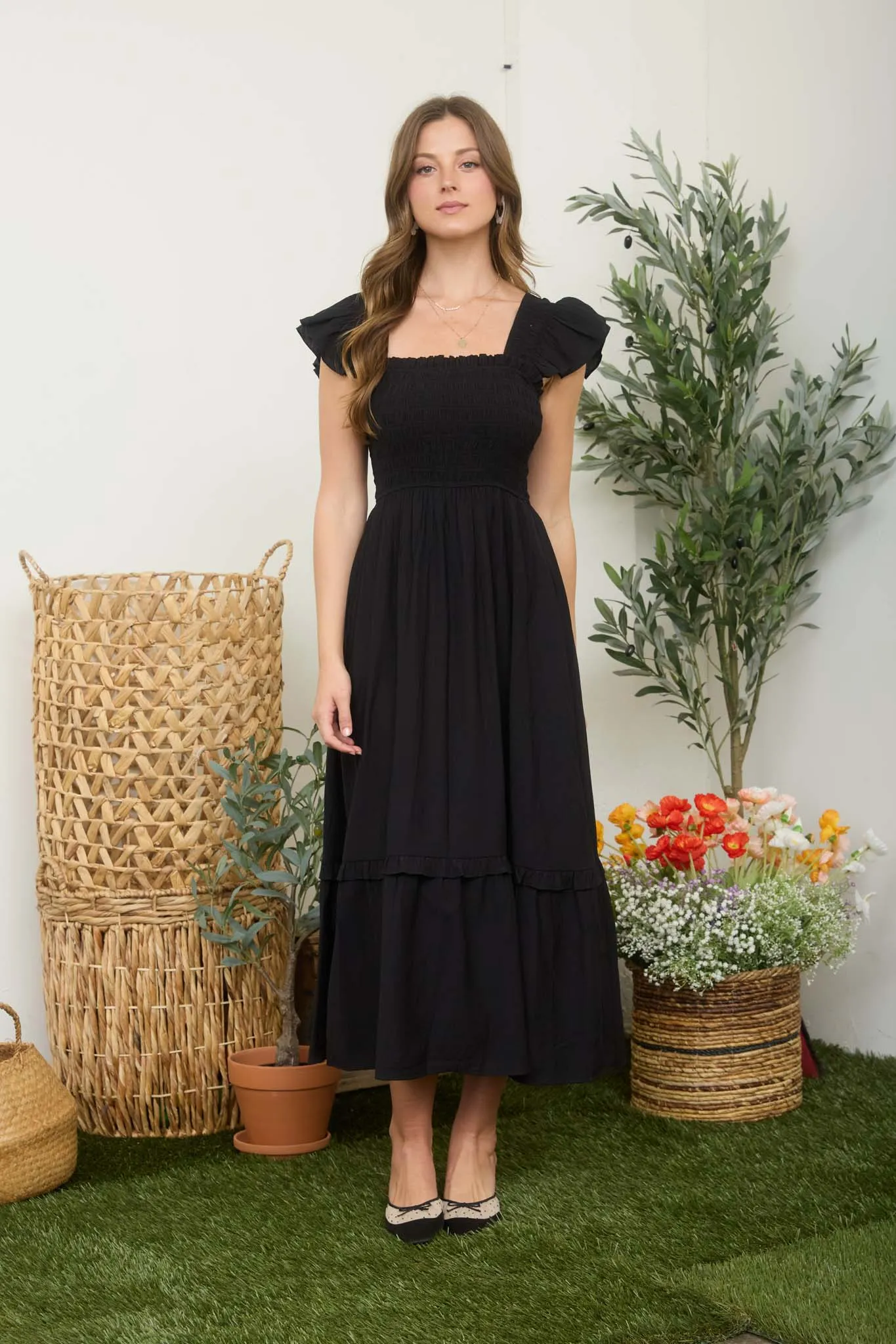 MOCK BUTTON DOWN SMOCKED RUFFLE DETAIL MIDI DRESS (PRE-ORDER) sold by Blu Pepper product image thumbnail 4