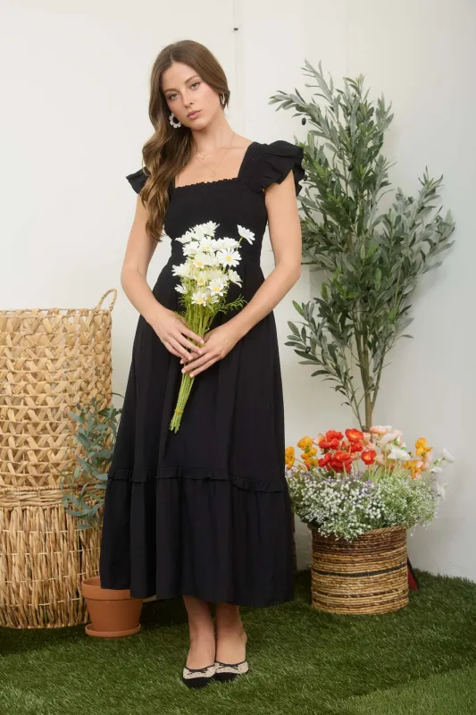 MOCK BUTTON DOWN SMOCKED RUFFLE DETAIL MIDI DRESS (PRE-ORDER) sold by Blu Pepper