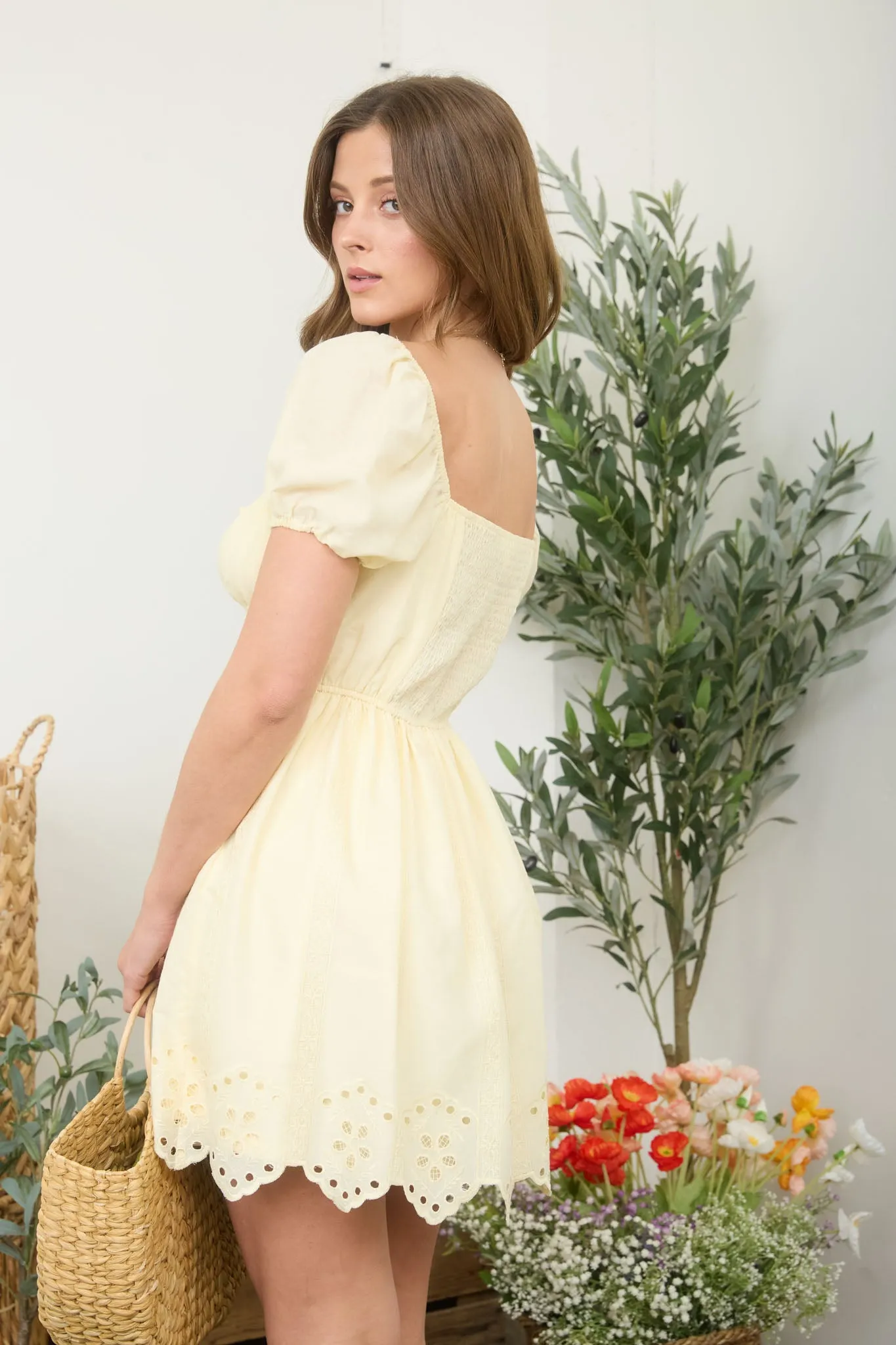 EMBROIDERED PUFF SLEEVE SCALLOP HEM MINI DRESS sold by Blu Pepper product image thumbnail 2