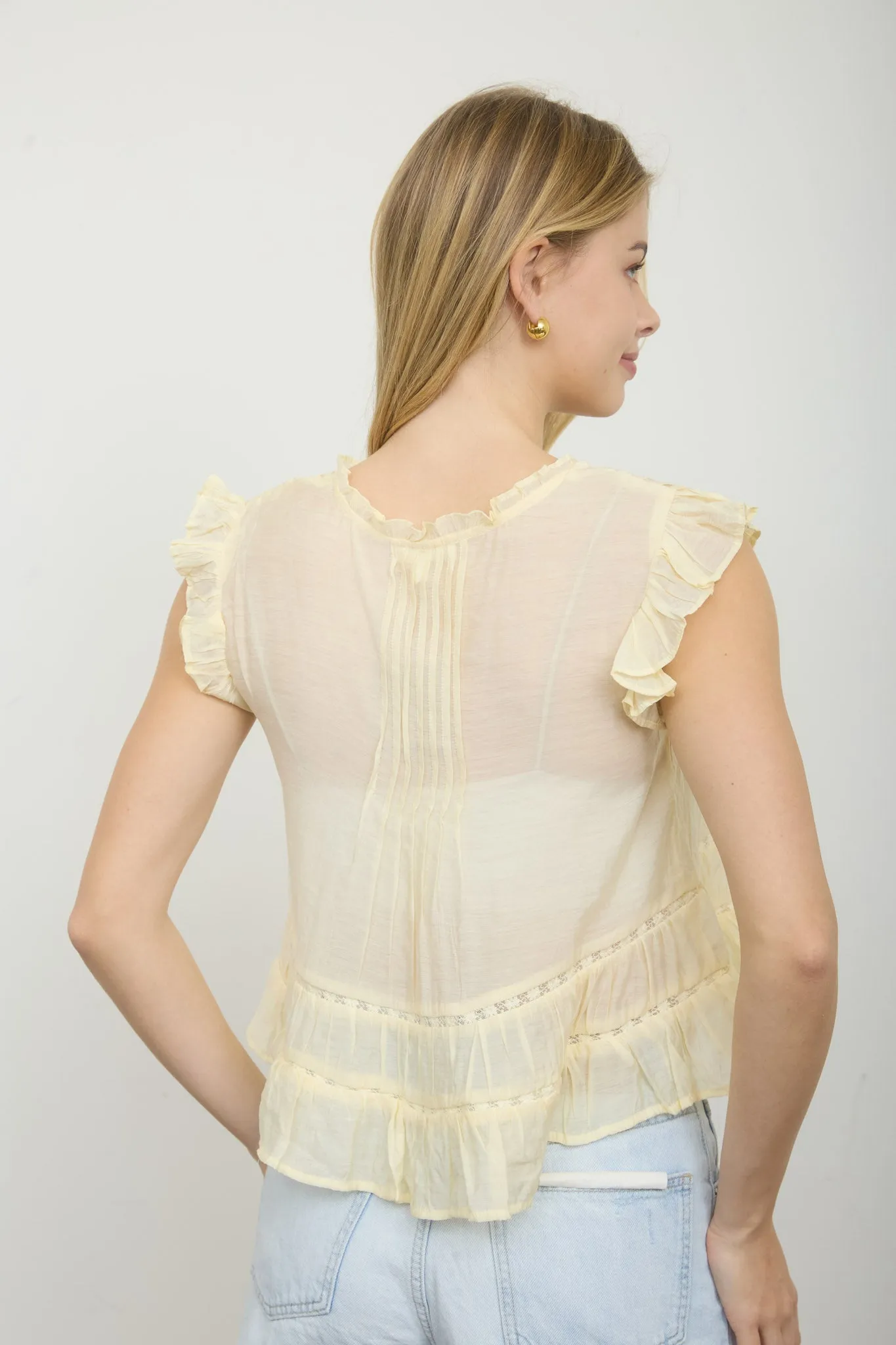 LIGHTWEIGHT RUFFLE TRIM BUTTON DOWN BLOUSE sold by Blu Pepper product image thumbnail 2