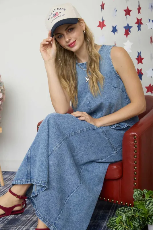 WASHED DENIM ROUND NECK SLEEVELESS TOP made by Blu Pepper