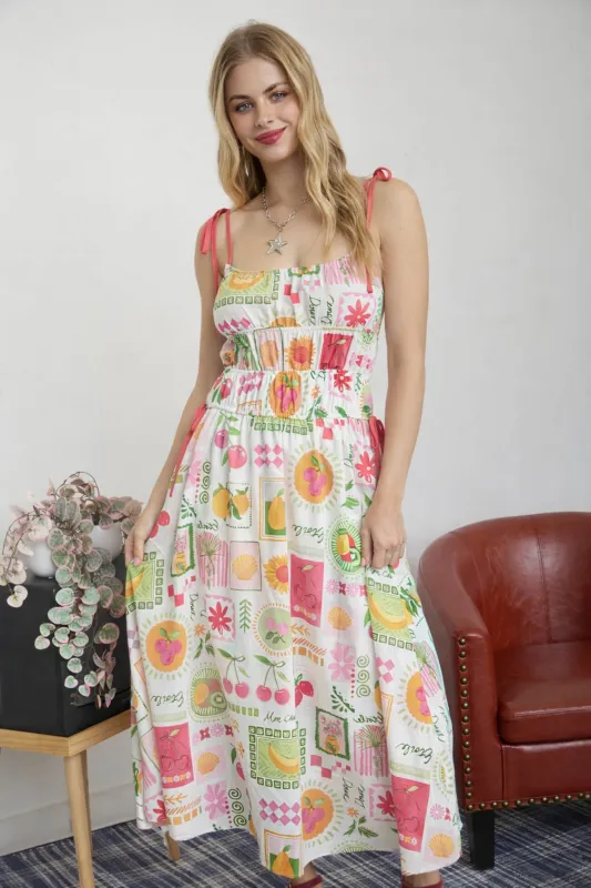 FRUIT MOTIF SHIRRED SPAGHETTI STRAP MAXI DRESS sold by Blu Pepper