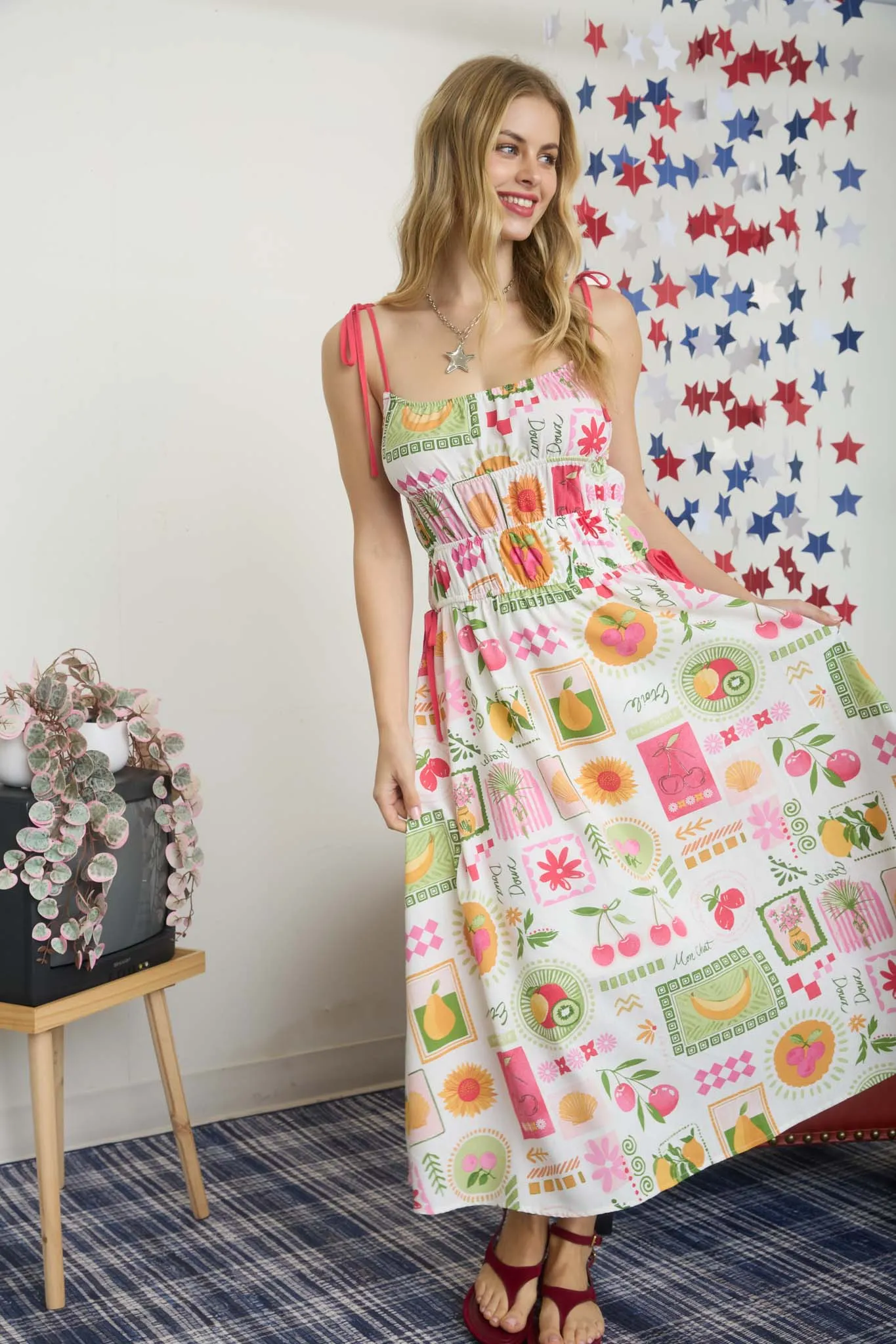 FRUIT MOTIF SHIRRED SPAGHETTI STRAP MAXI DRESS sold by Blu Pepper product image thumbnail 4