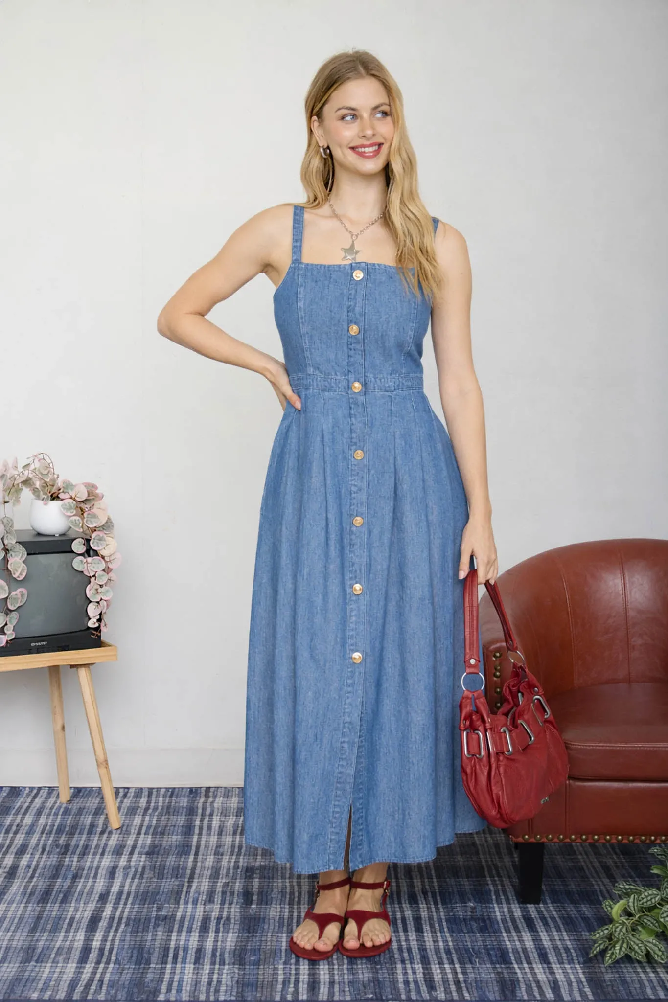 LIGHT DENIM SLEEVELESS BUTTON DOWN MIDI DRESS sold by Blu Pepper
