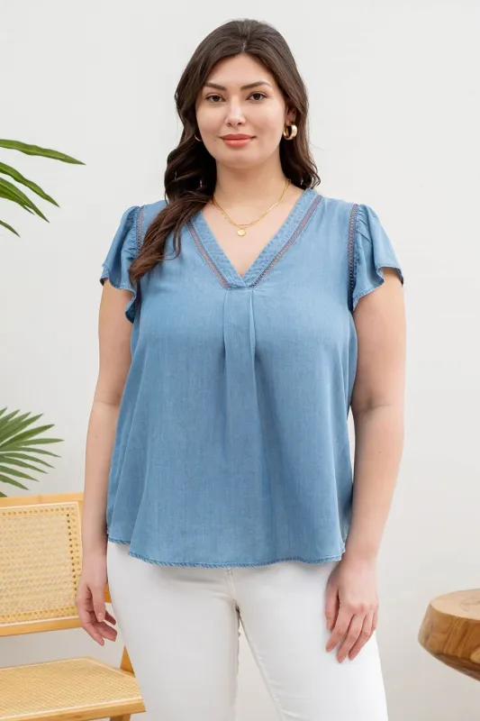 PLUS V NECK FLUTTER SLEEVE BACK BUTTON DOWN TOP made by Blu Pepper