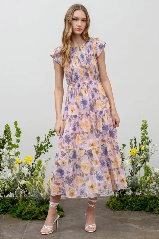 FLORAL SMOCKED TIERED MIDI DRESS sold by Blu Pepper