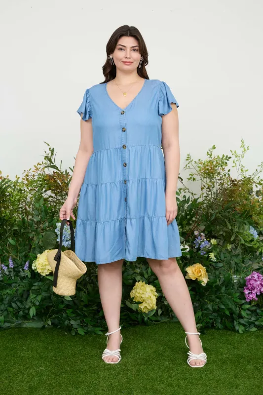 PLUS CHAMBRAY BUTTON DOWN TIERED MINI DRESS sold by Blu Pepper