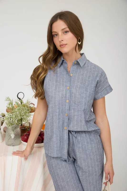 STRIPE LINEN COLLARED SHORT SLEEVE SHIRT sold by Blu Pepper