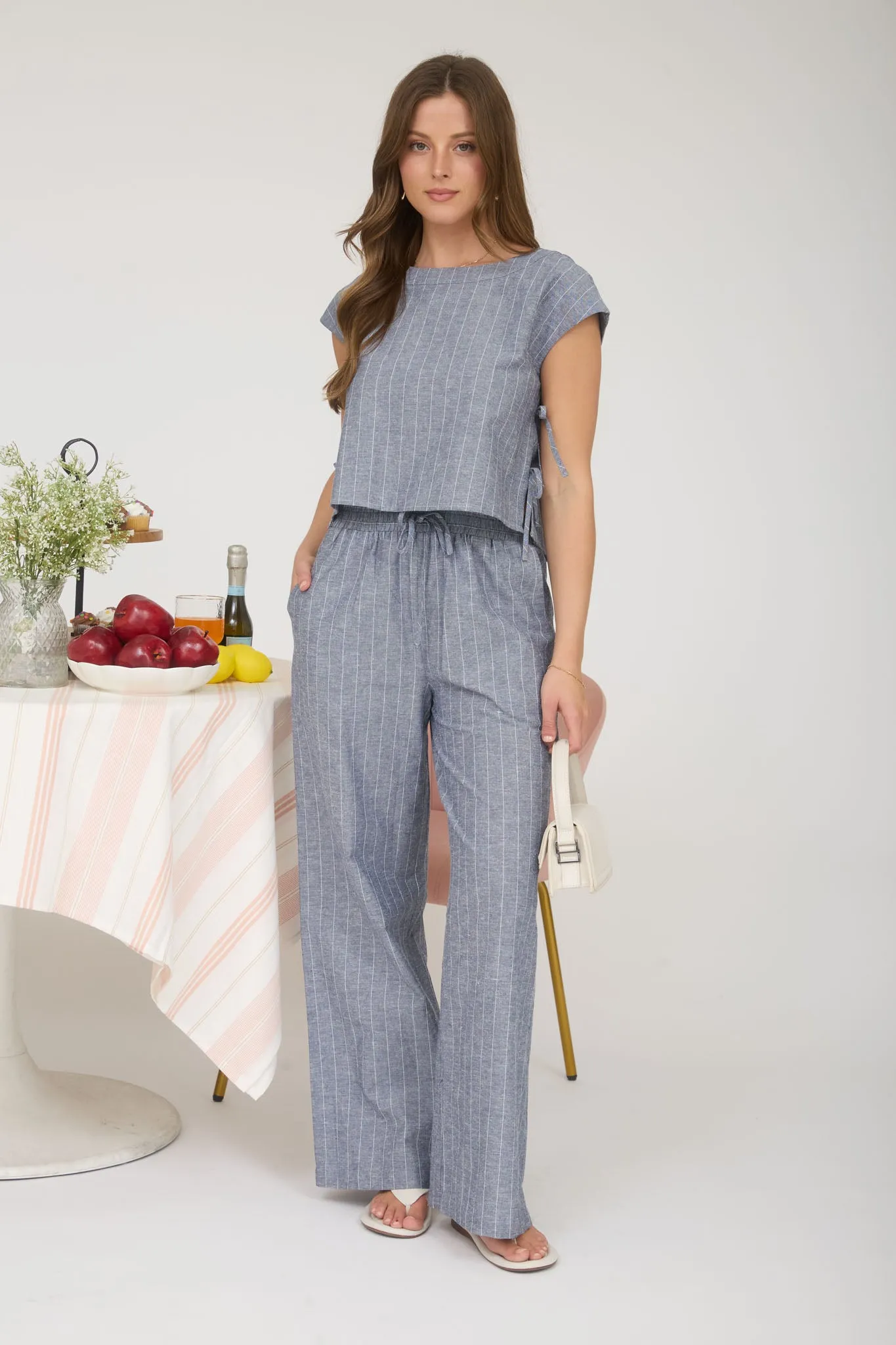STRIPE LINEN DRAWSTRING LOUNGE PANTS sold by Blu Pepper product image thumbnail 5