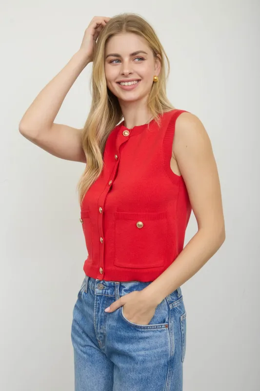 GOLD BUTTON ROUND NECK KNIT CARDIGAN VEST made by Blu Pepper